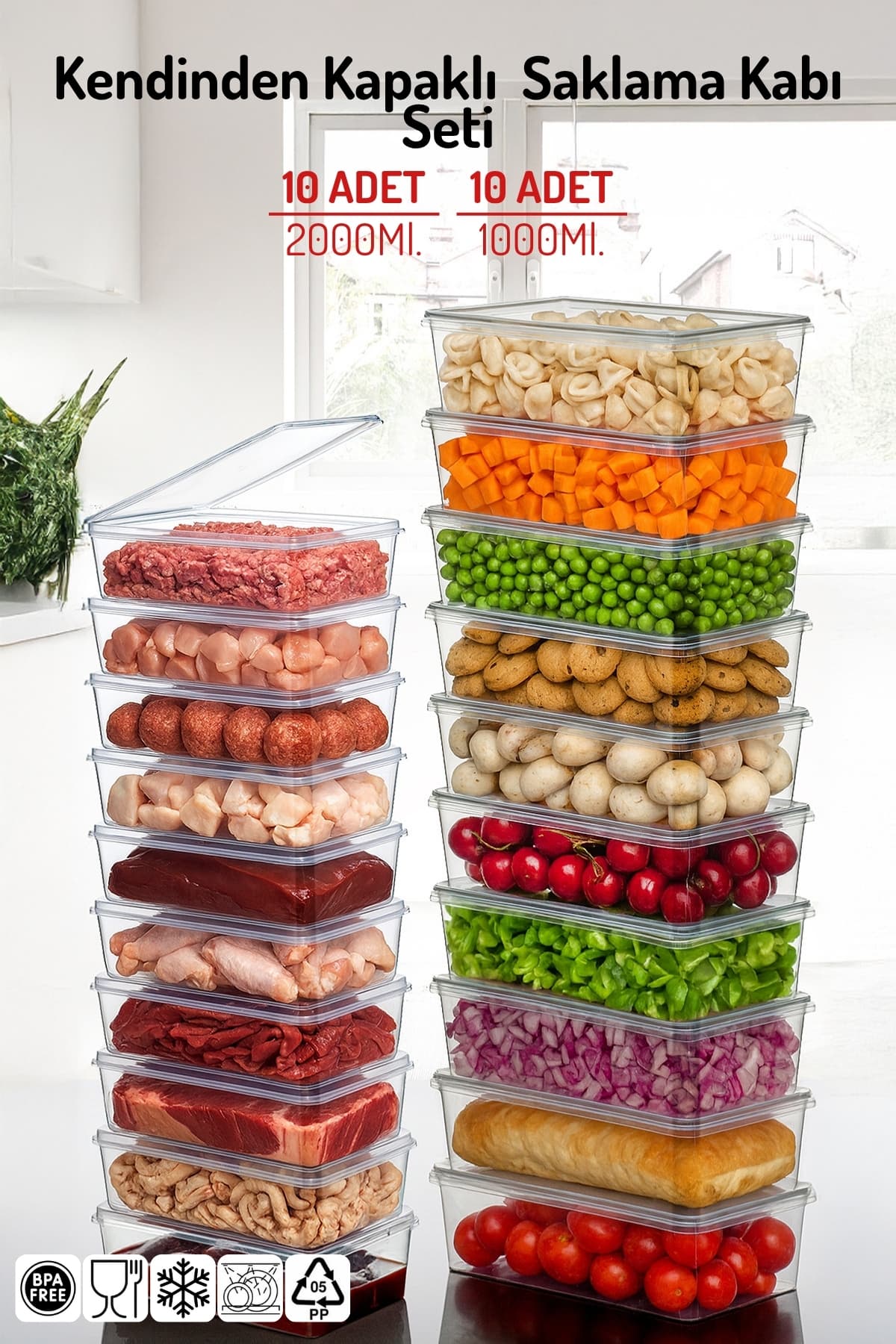 Nandy Home 20'li Set Kendinden Kapaklı Derin Dondurucuya Uygun Saklama Kabı 1 Lt. ve 2 Lt.