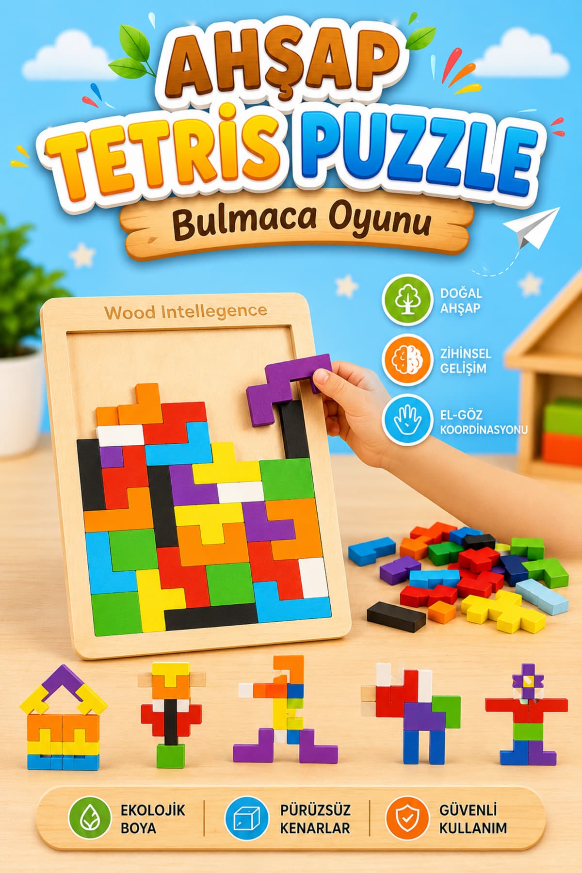 Circle Toys Ahşap Tetris Zeka Oyunu – Montessori Eğitici Renkli Geometrik Bulmaca Puzzle