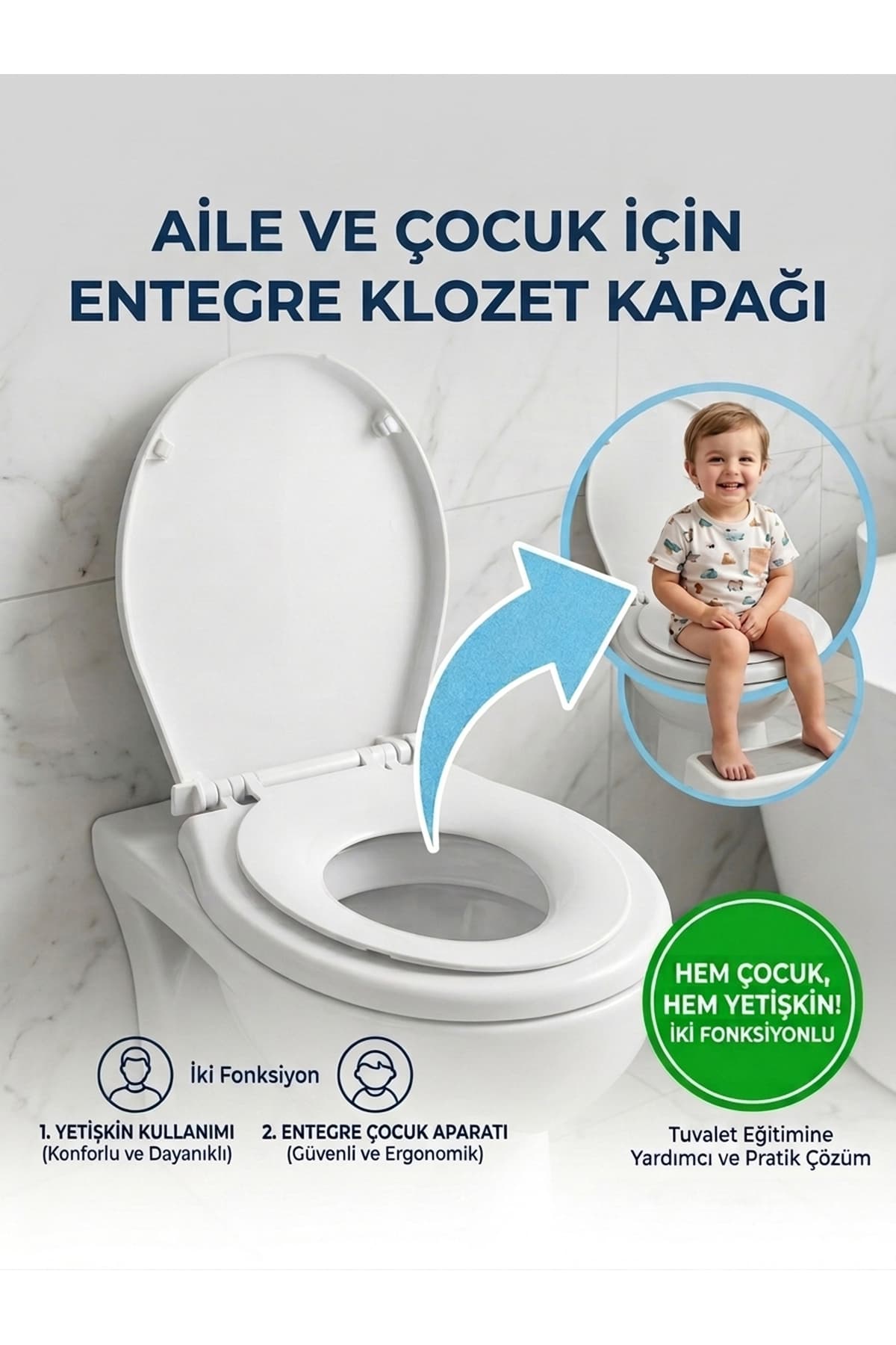 Saban Beyaz, Yetişkin ve Çocuk Klozet Kapağı – Söküp Takılabilir Çocuk Adaptörlü - Yerli Üretim