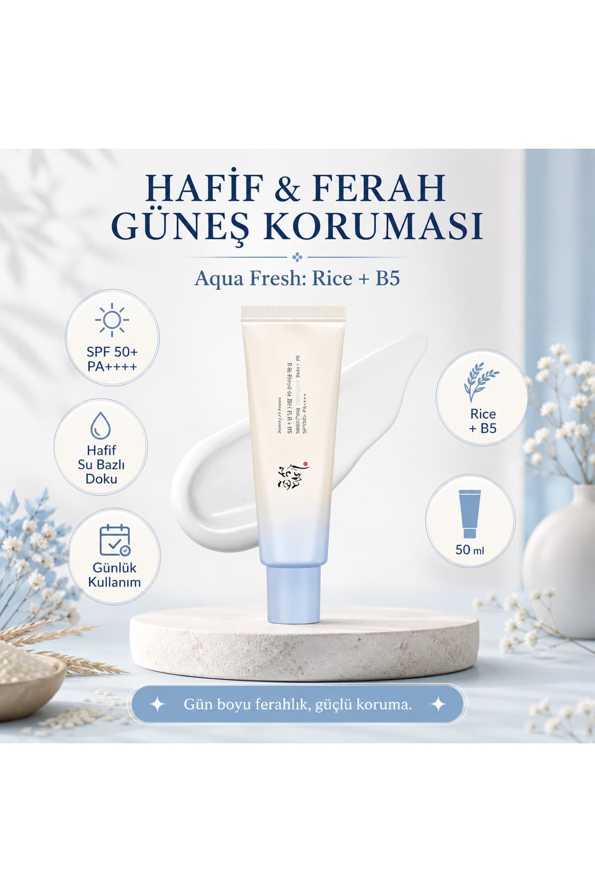 The Potions Relief Sun Aqua Fresh Rice B5 SPF50+ PA++ Nemlendirici Yatıştırıcı Hafif UV Koruyucu Kore Güneş Kremi 50ml