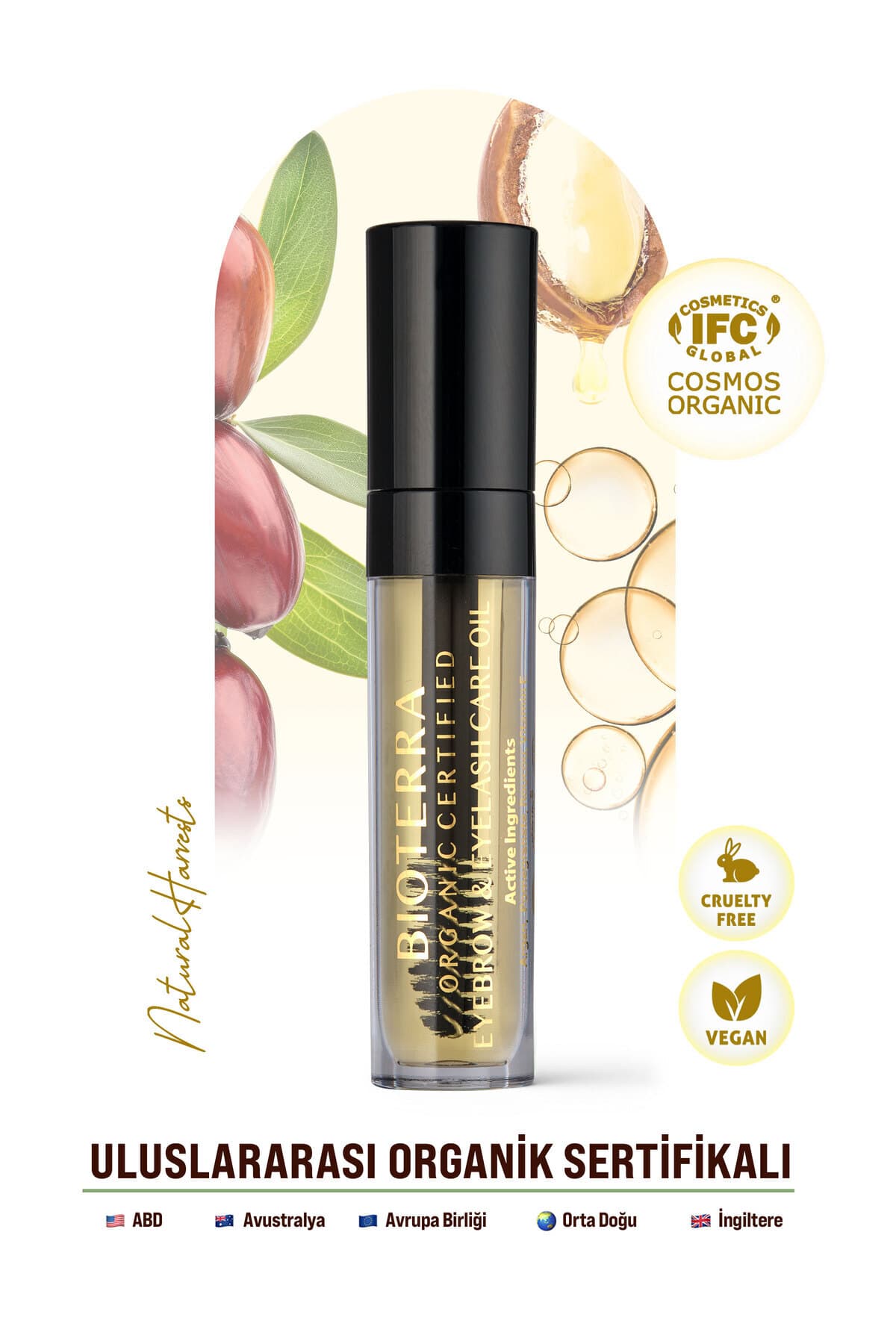 Bioterra Organik Sertifikalı Kaş ve Kirpik Bakım Yağı – Argan, Jojoba, Kuşburnu ve E Vitamini İçeren Besleyici Bakım 5 ml | Eyebrow & Eyelash Care Oil