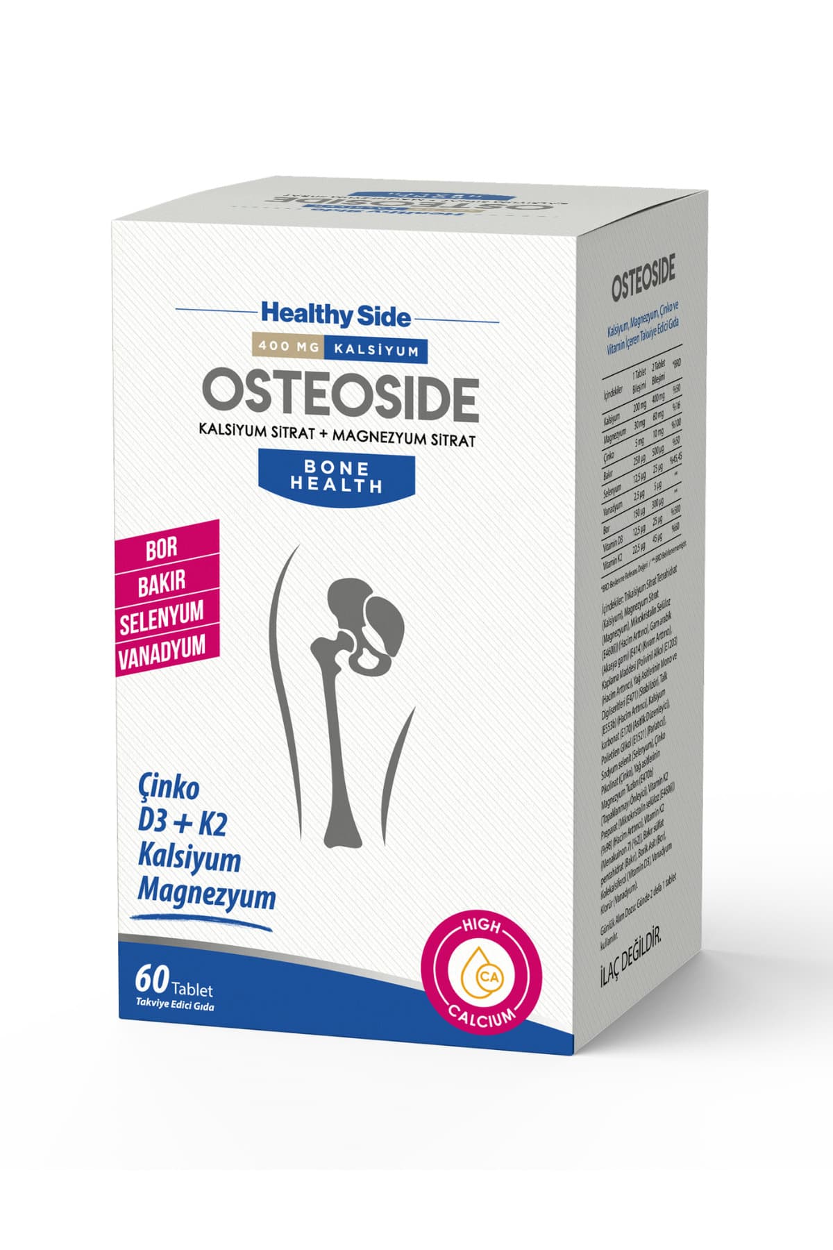 Healthy Side Osteoside Kalsiyum, Magnezyum, Çinko ve D3&K2 İçeren 60 Tablet Takviye Edici Gıda