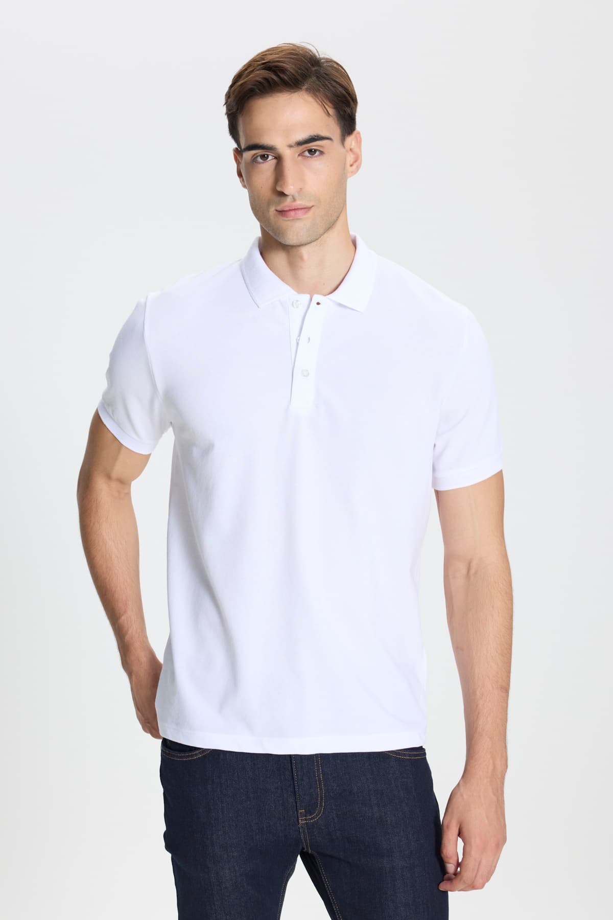 Ac&Co / Altınyıldız Classics Erkek Beyaz-Beyaz Pamuklu Slim Fit Dar Kesim Polo Yaka Tişört