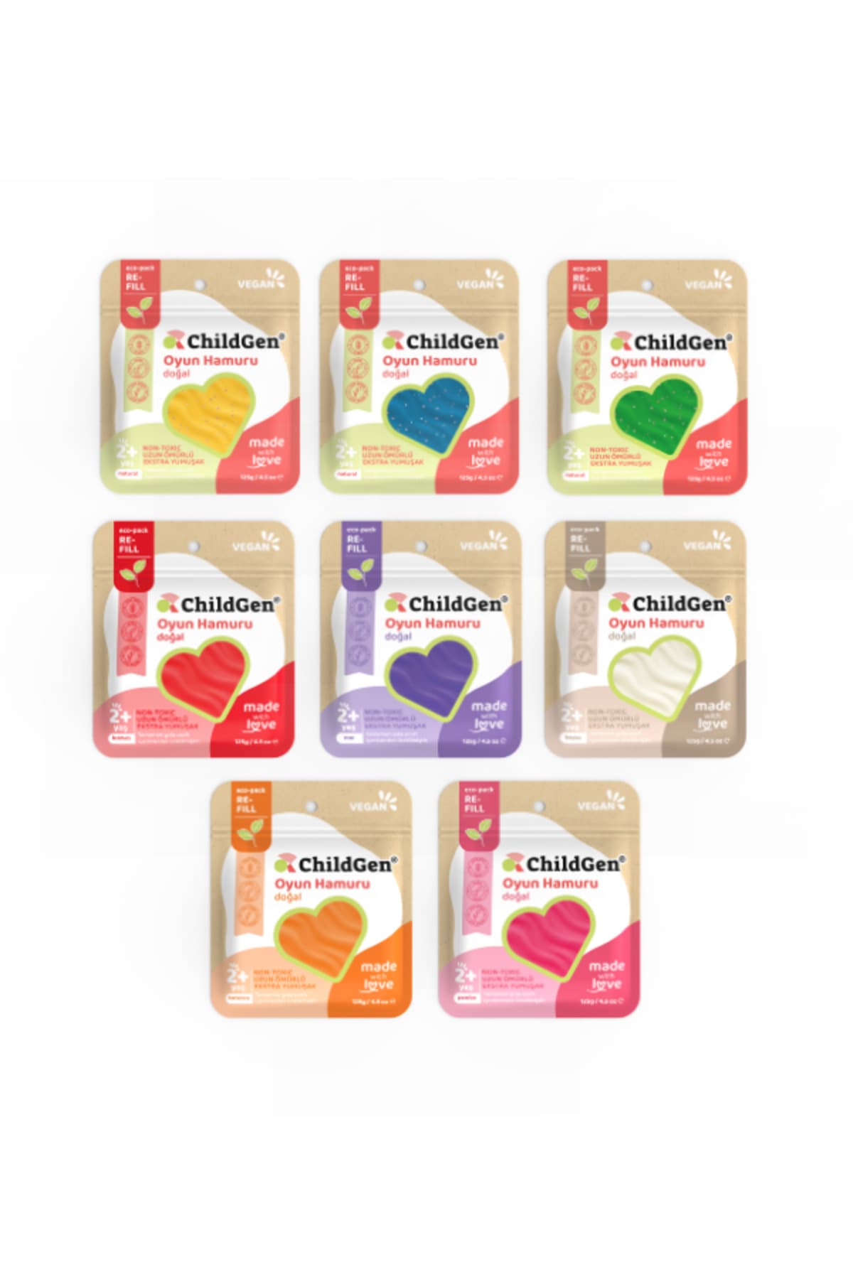 ChildGen Doğal Oyun Hamuru - 8li Karışık Set 8x125 Gr Vakumlu Kartuş Paket - (ecopack-refill)