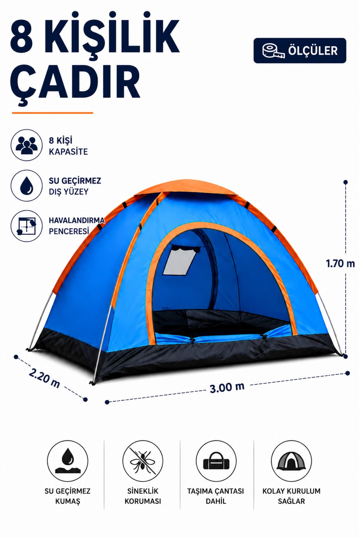Realx 8 Kişilik Kolay Kurulum Kamp Çadırı 2.2 X 3 X 1.7 Metre Sineklikli Pencereli