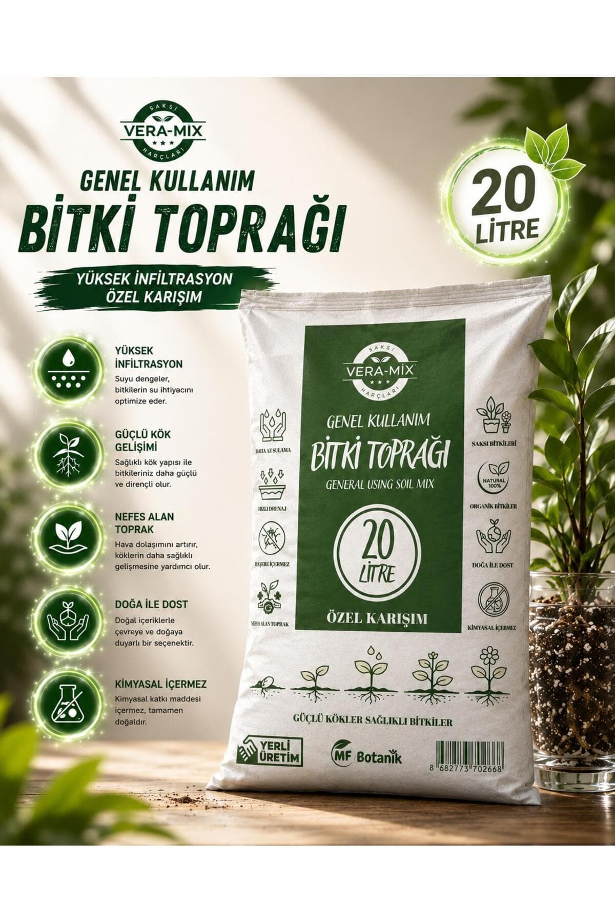 MF Botanik Vera Genel Kullanım İthal Bitki Toprağı 20 Litre – İthal Yosun Torf, Cocopeat, Pomza ve Perlit