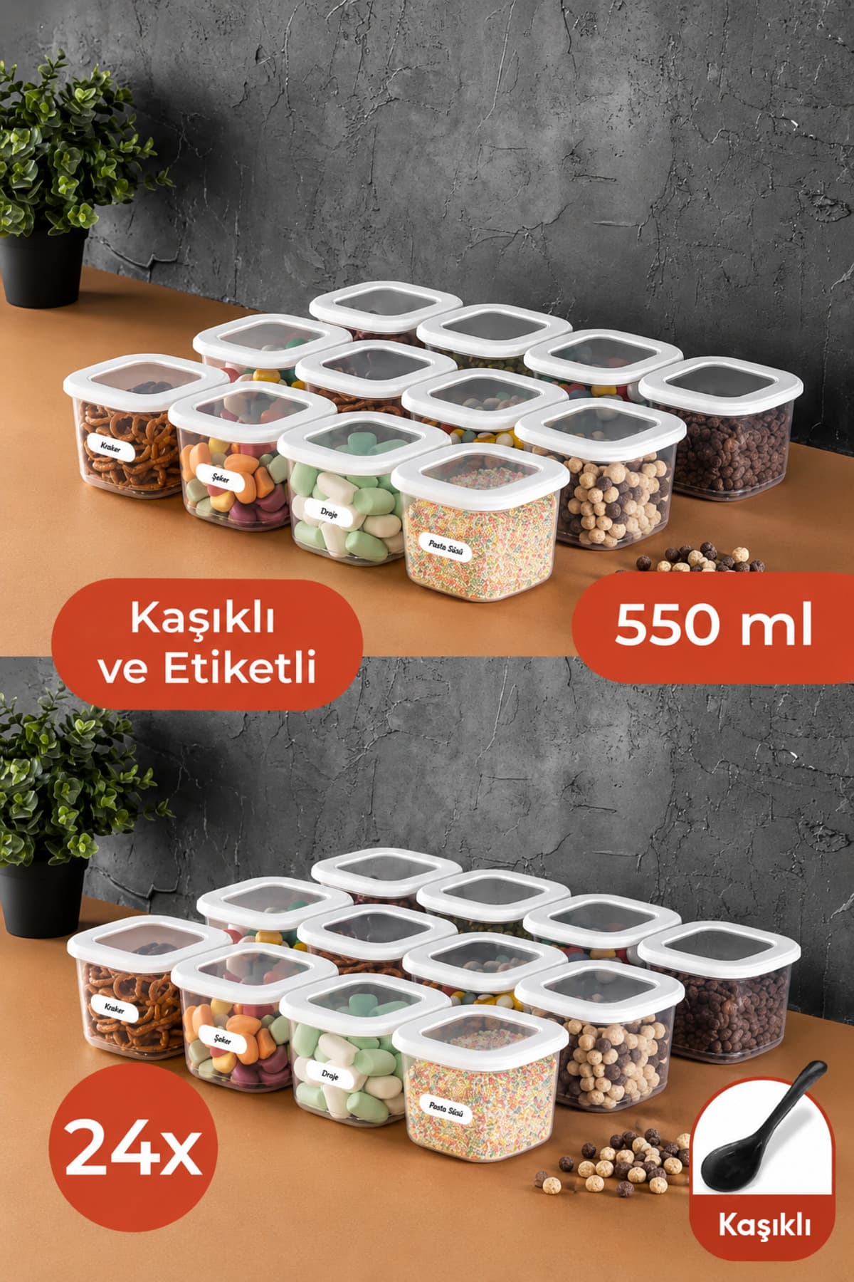 Vienev Etiketli Siyah Kaşıklı Foly Kare Erzak Saklama Kabı Seti 24lü 0,55 Küçük Boy Beyaz