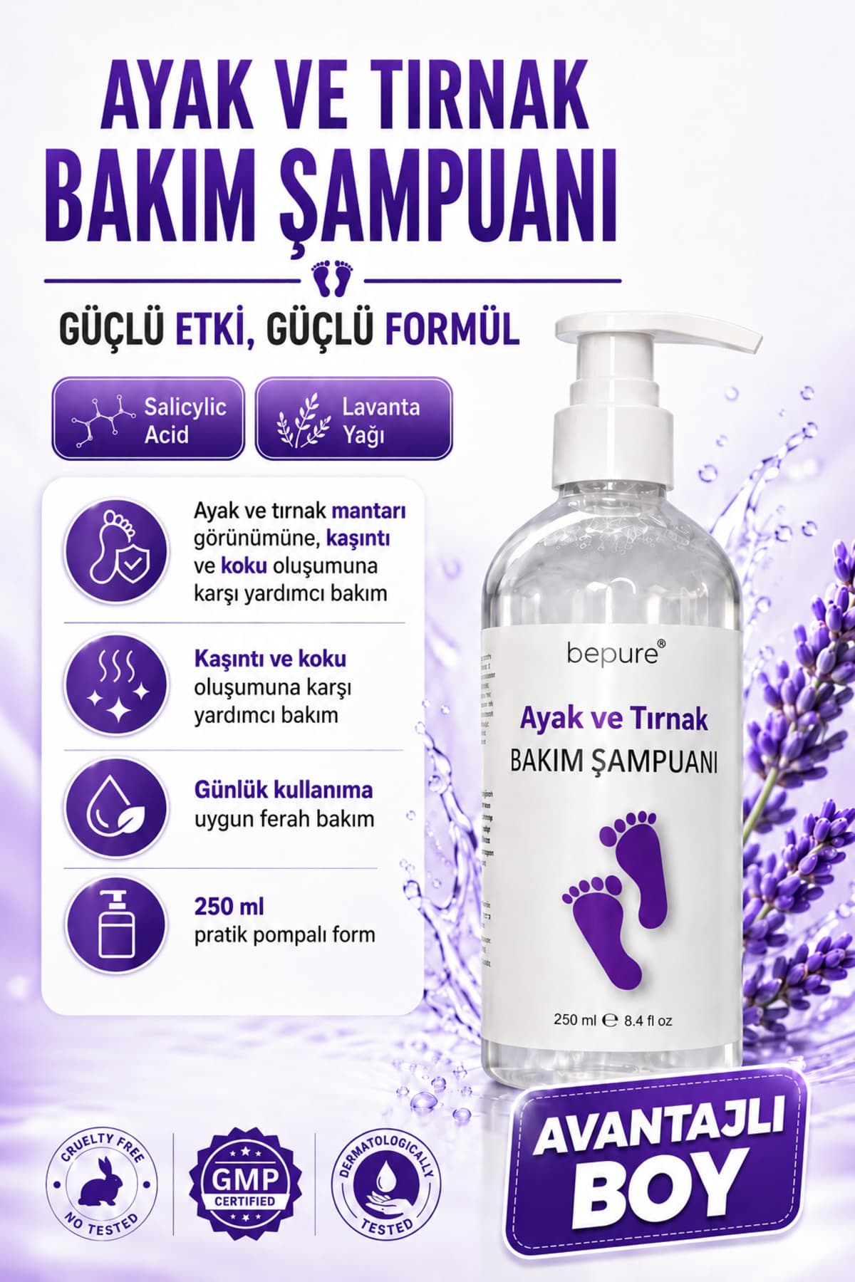 Bepure Ayak Ve Tırnak Mantar, Kasıntı ve Koku İçin Ayak Bakım Şampuanı 250 ml