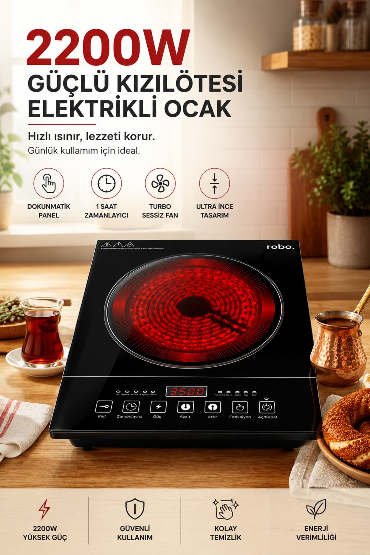 ROBO 2200W Dijital Dokunmatik Tekli Elektrikli Ocak - Tüm Tencere Tiplerine Uyumlu Siyah Kristal