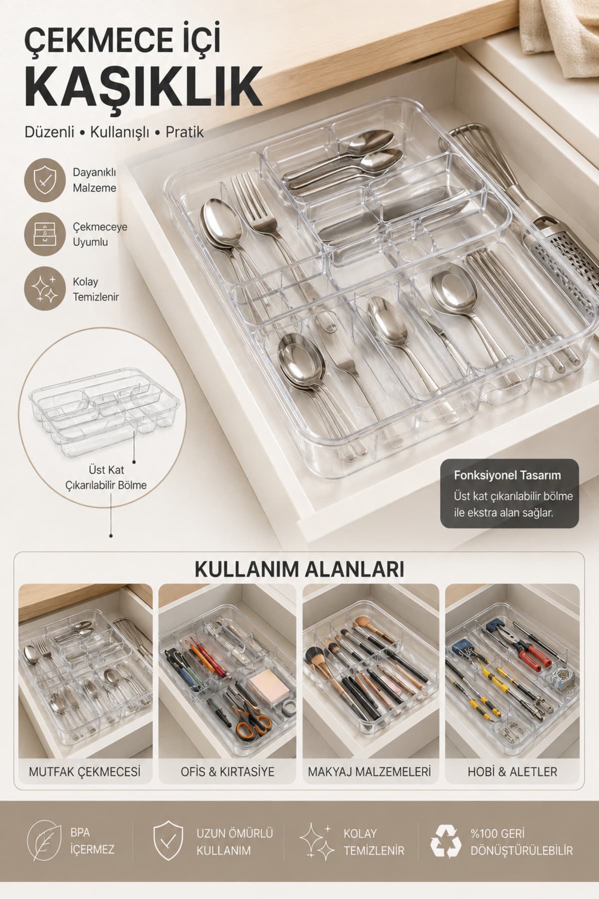 Virela Home Çekmece İçi Kaşıklık Düzenleyici Çıkarılabilir Üst Katlı Mutfak Çekmece İçi Düzenleyici Organizeri Şeffaf