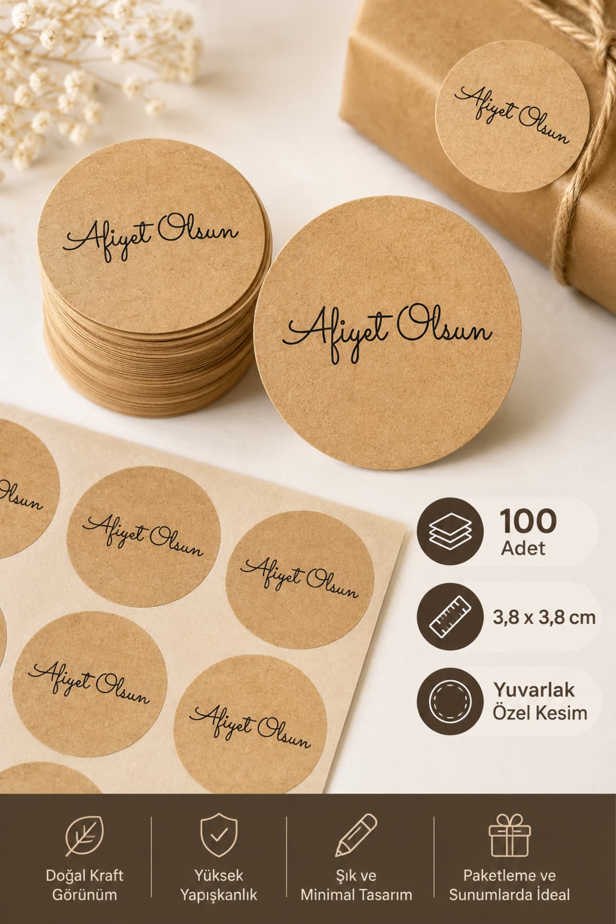 etikettcim Kuşe Sticker Afiyet Olsun - Kraft Görünümlü