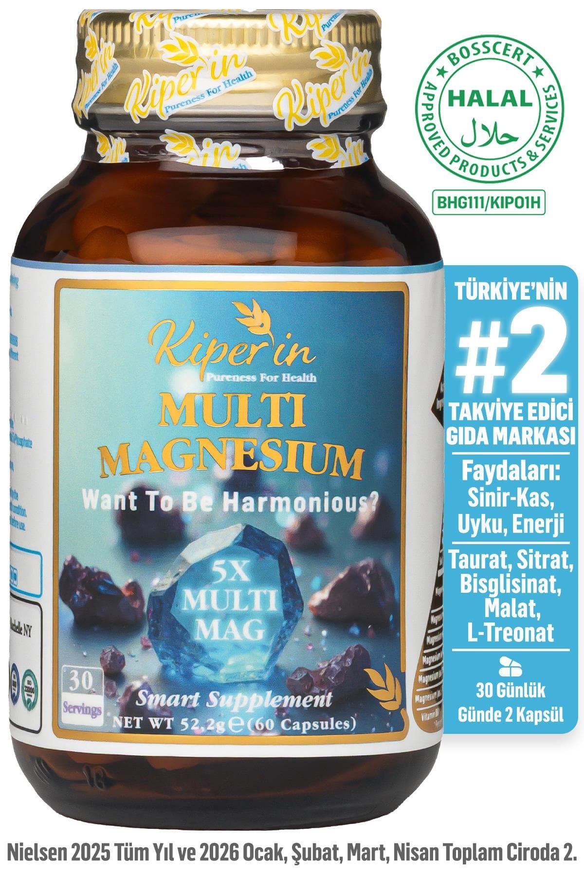Kiperin 5X Çoklu Magnezyum (Taurat, Bisglisinat, Malat, Sitrat, L-Treonat) 60 Kapsül | Akıllı Gıda Takviyesi