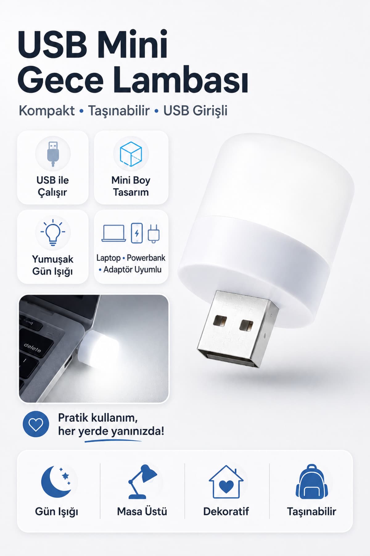 Neo Vista Mini USB LED Beyaz Gece Lambası - Powerbank ve Laptop Uyumlu Ortam Işığı