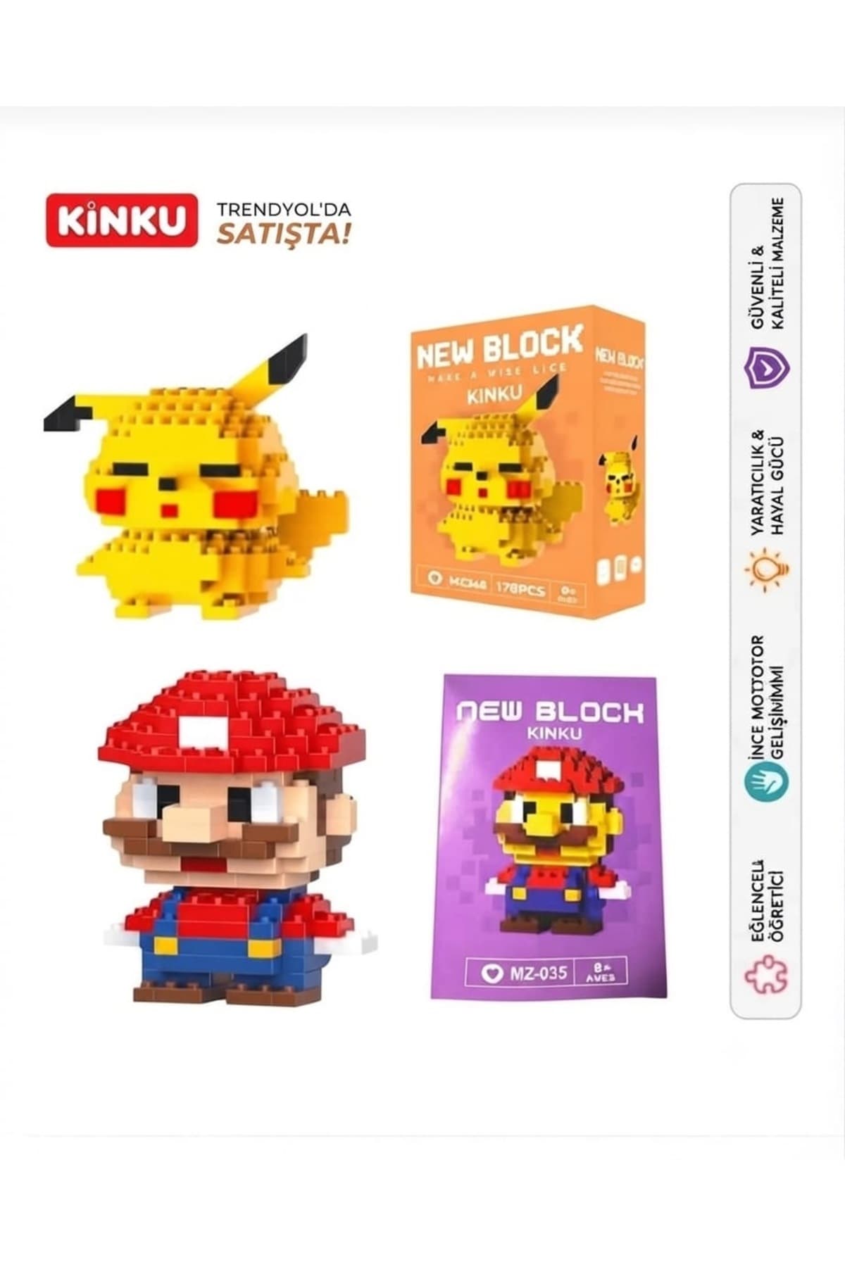 KİNKU Pokemn ve Mario Mini New block 3D Puzzle / Sevimli Figür / 2'Li Eğlenceli Set / Hobi+