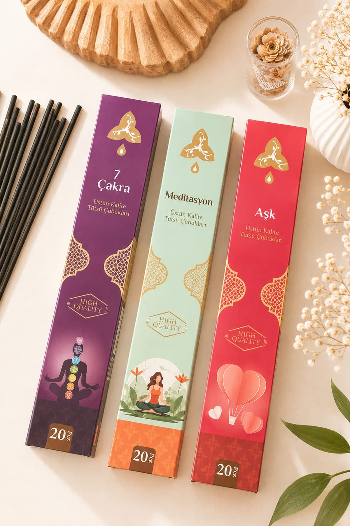 OrdoVeni Tütsü Seti | 3 Farklı Aroma 60 Adet Çubuk Tütsü | Kalıcı Oda Kokusu | Ev, Ofis, Yoga ve Meditasyon İçin