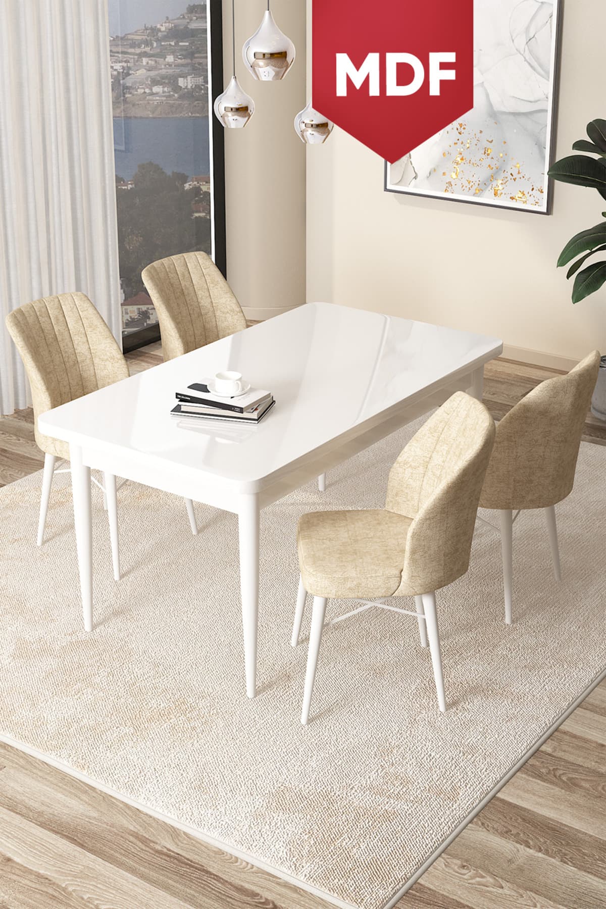 Canisa Concept Arp Serisi 70x110 MDF Sabit Mutfak Masası Takımı Beyaz Masa 4 Krem Sandalye