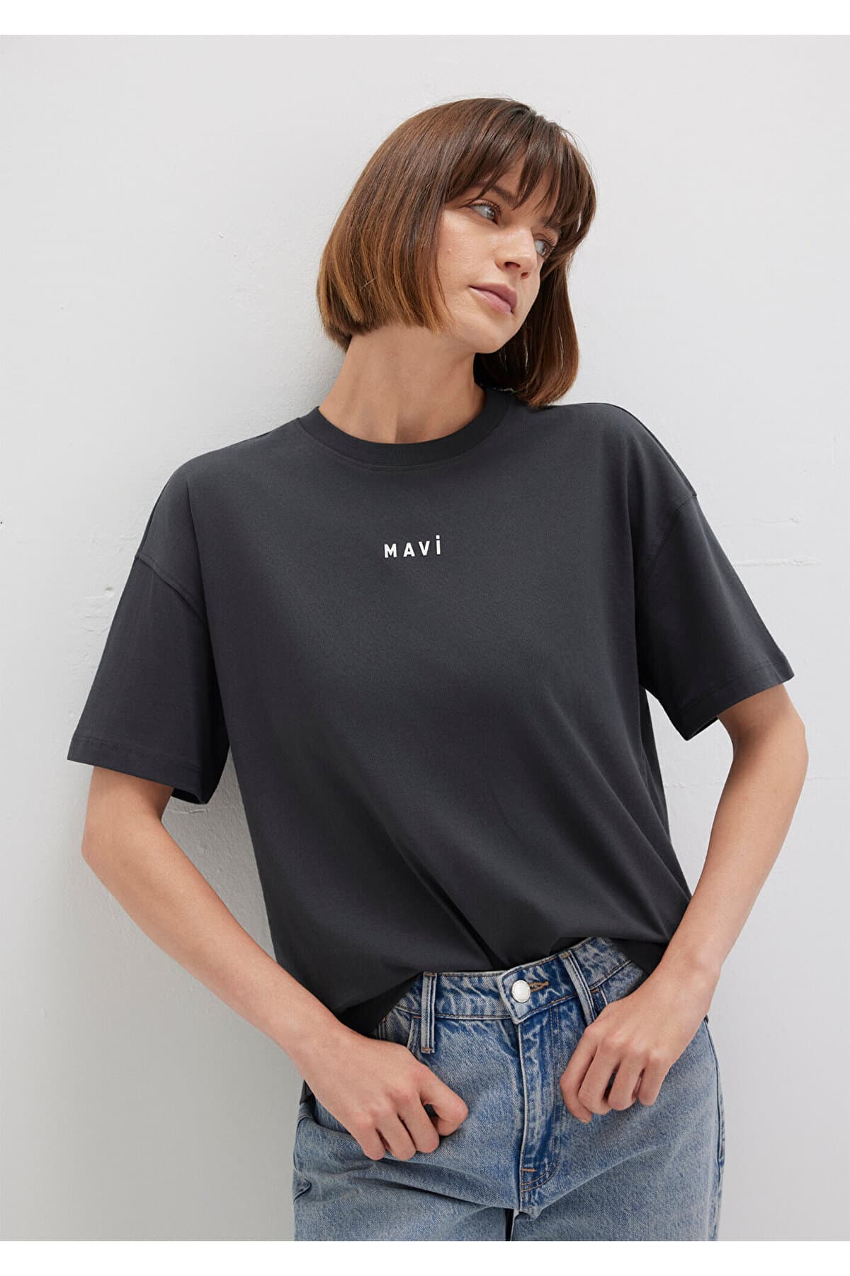 Mavi Logo Baskılı Antrasit Tişört Loose Fit / Bol Rahat Kesim 1612518-70087