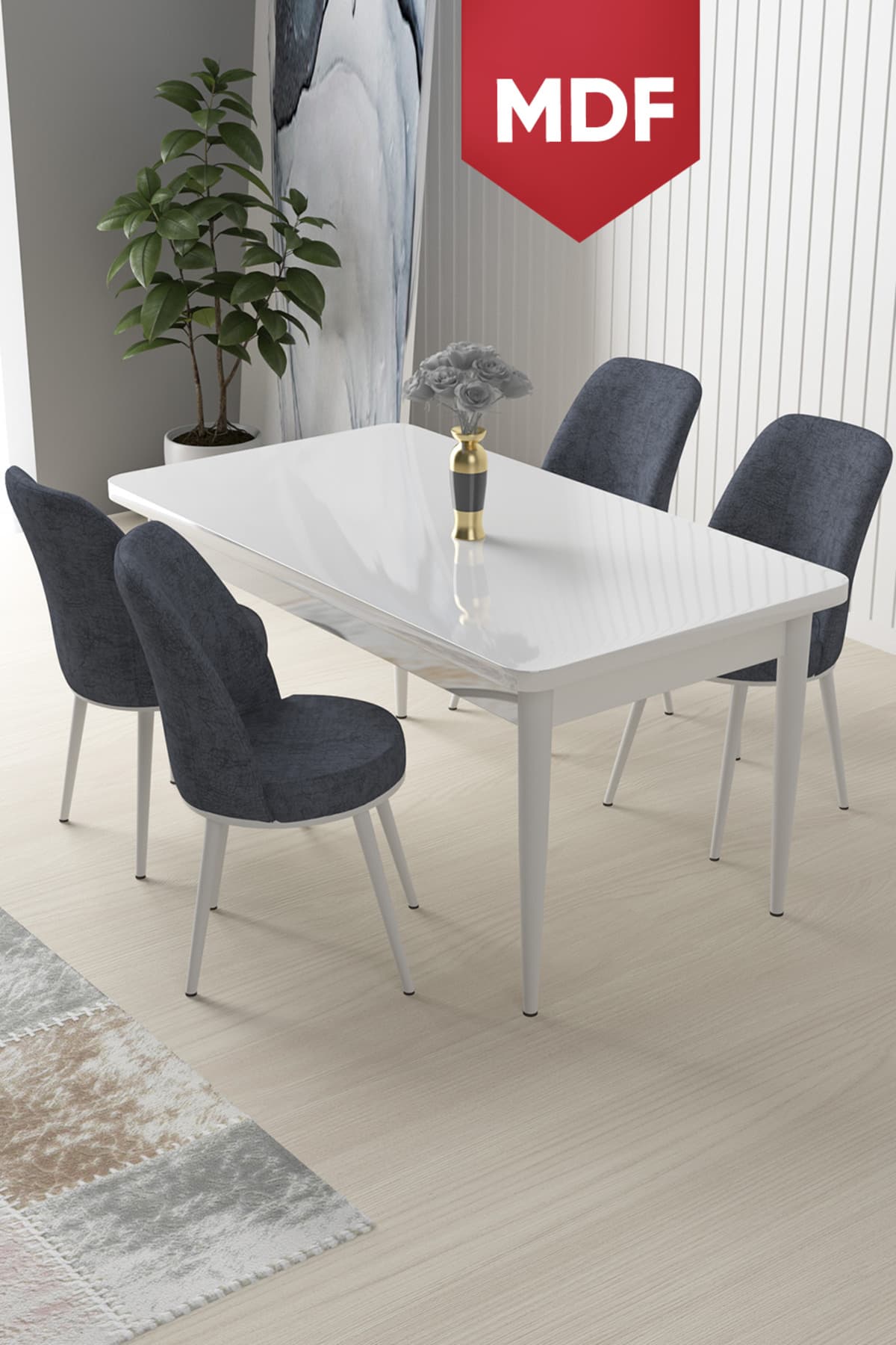 Canisa Concept Nil Serisi 70x110 MDF Sabit Mutfak Masası Takımı Beyaz Masa 4 Füme Sandalye