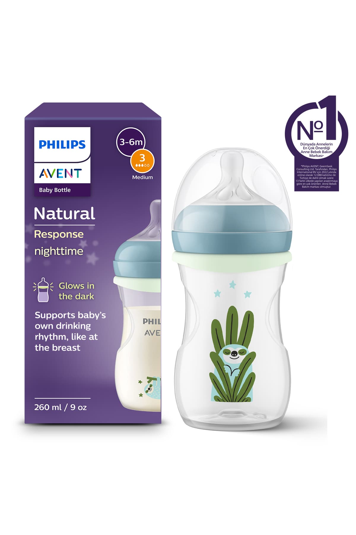 Philips Avent Doğal Tepkili Gece Biberonu 260 ml , No:3 , Karanlıkta Parlar, SCY903/81