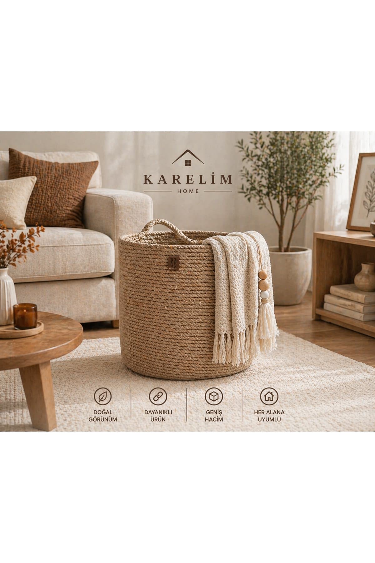 karelim home Bohem EV Tekstili Çok Amaçlı Dekoratif Organizer Hasır Sepet 35 × 35, 20 x 20