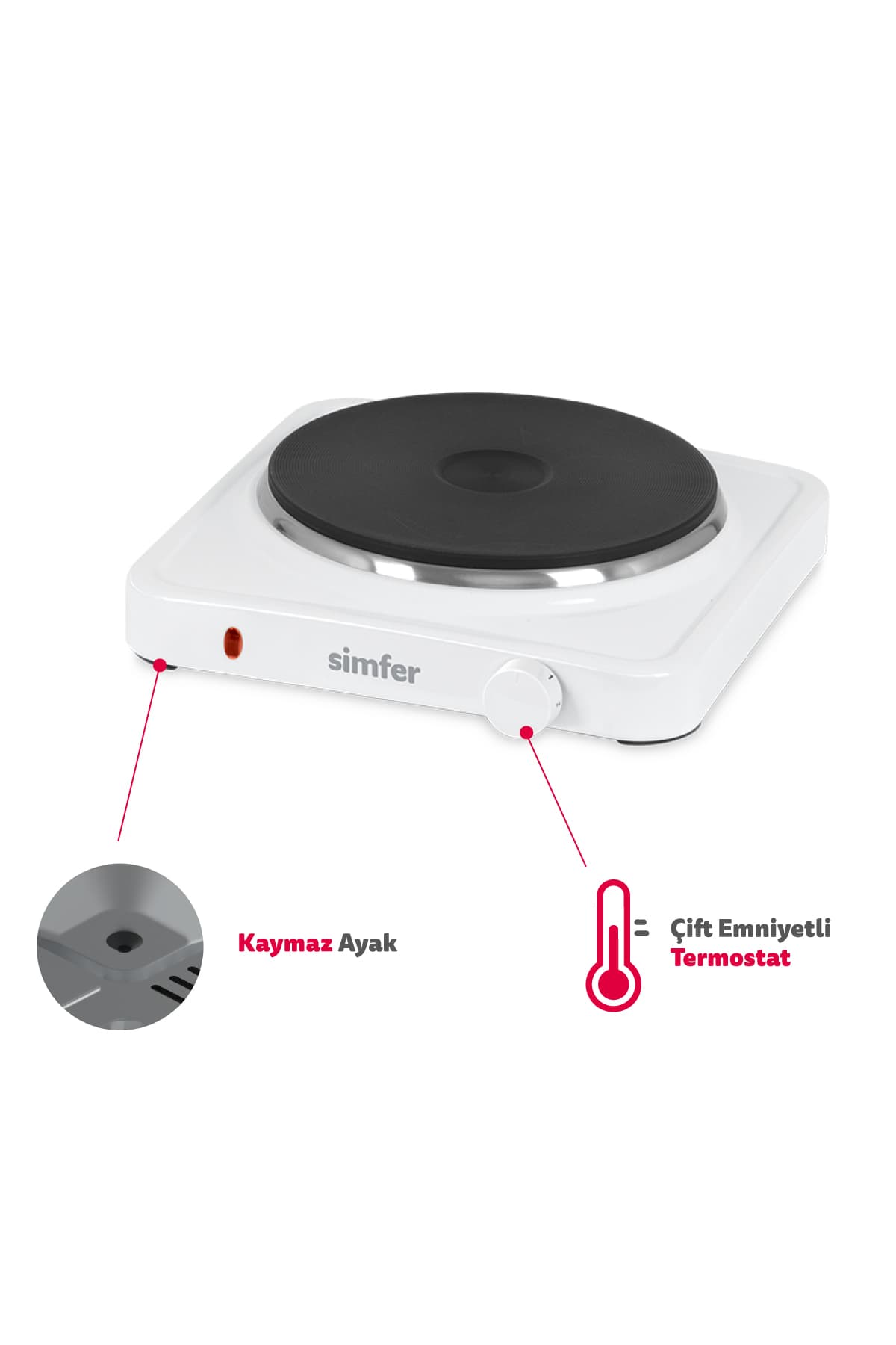 Simfer HP1500W Beyaz Hot Plate Tek Gözü Elektrikli Ocak (Çift Emniyetli Termostat , 1500W Krom Çembe