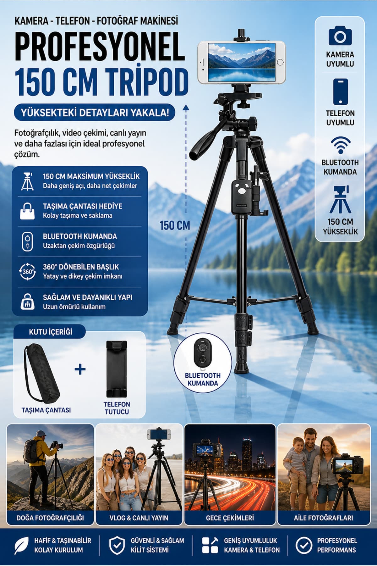 nextbuy Profesyonel Kamera 150 Cm Çantalı Tripot Telefon Tutucu Bluetooth Kumandalı Vlog Video Çekim Tripodu