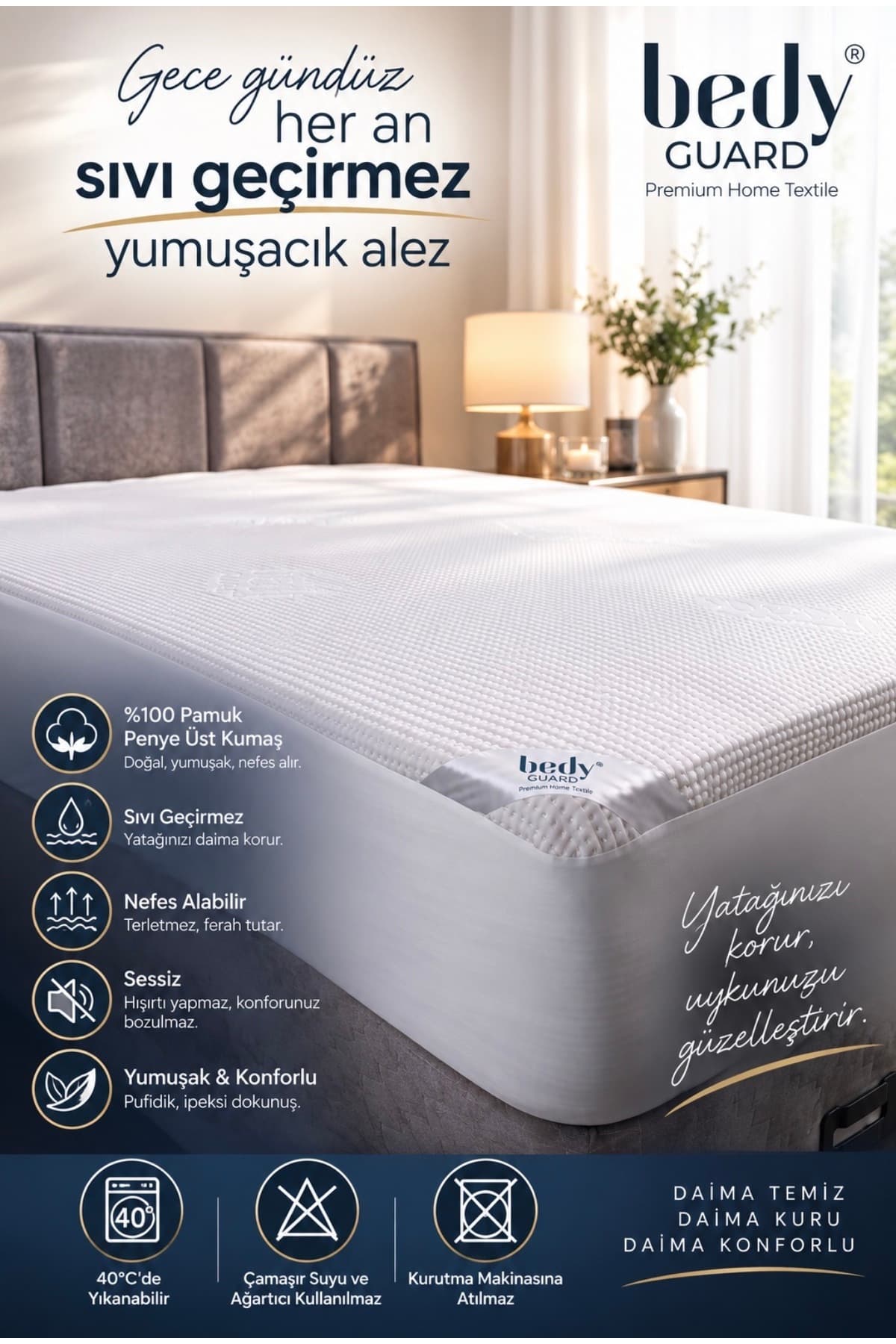 BEDY GUARD Konfor Superior Sessiz Sıvı Geçirmez Yatak Koruyucu Alez %100 Soft Pamuk Üst Kumaş