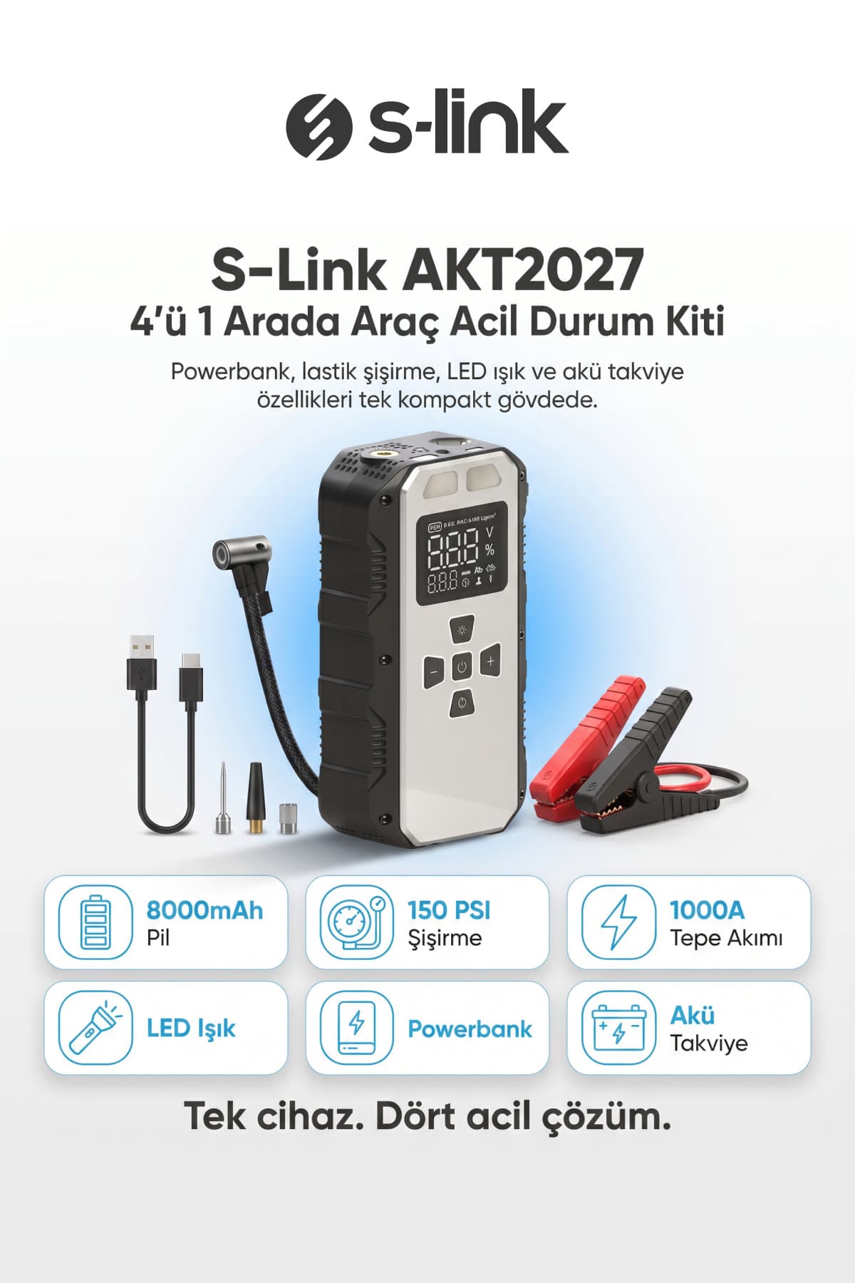 S-Link AKT2027 Gümüş 8000mAh 150 Psi 4 in1 Powerbank+ LED Işık Lastik Sisirme Ve Akü Takviye cihazı