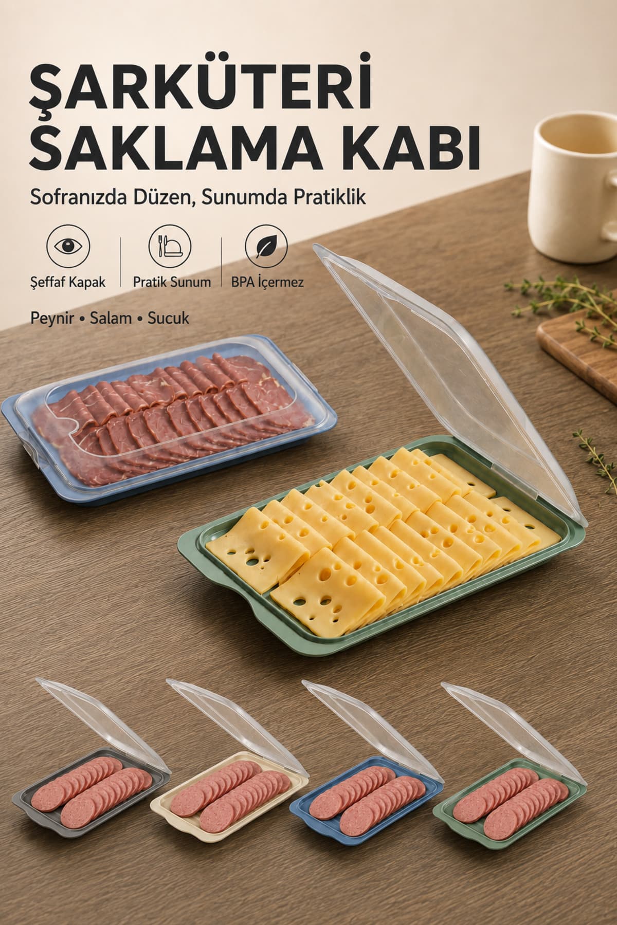 Virela Home 2'li Şeffaf Kapaklı Şarküteri Saklama Kabı Peynir Salam Sucuk Sunum Kabı