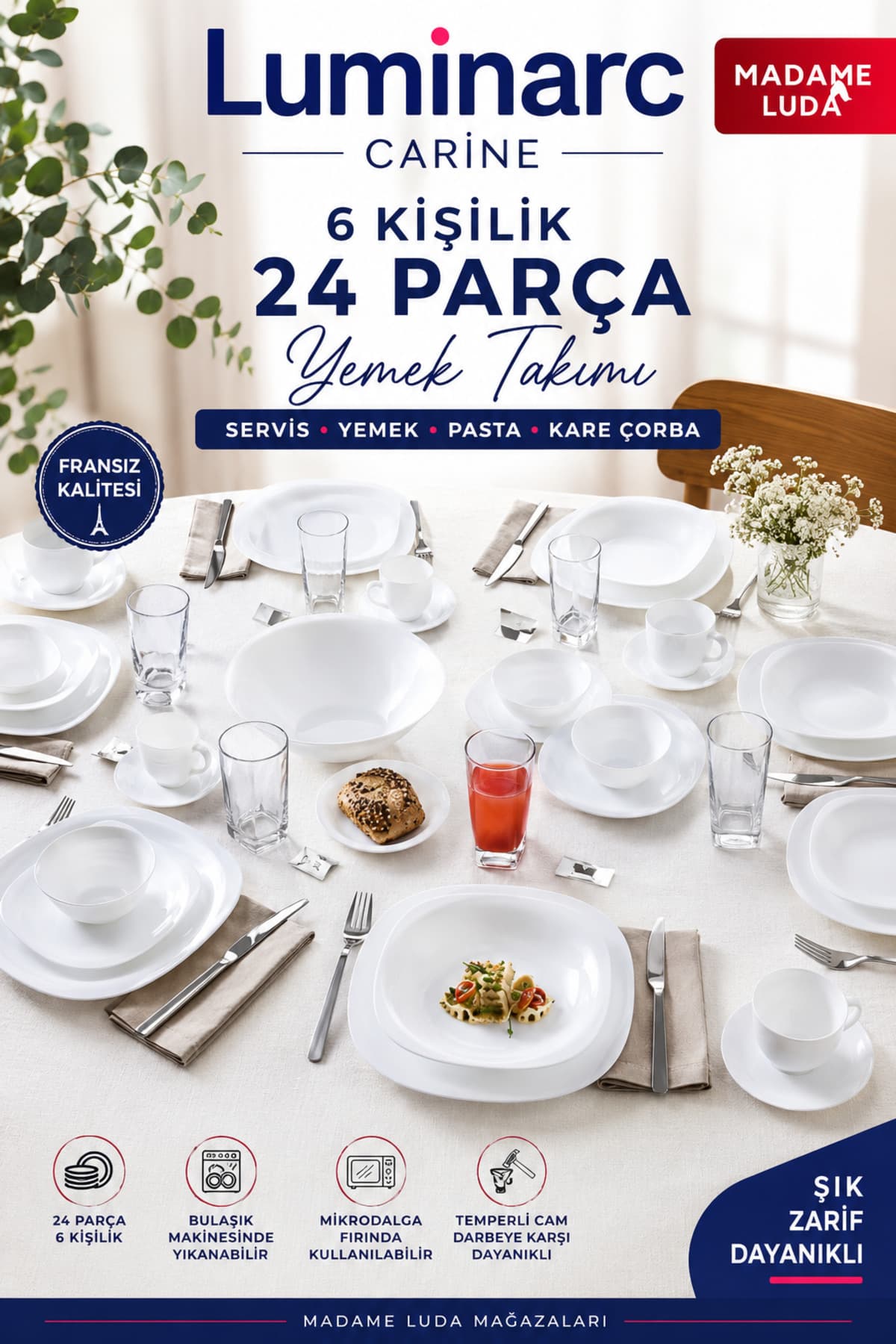 Luminarc Carine Temperli Beyaz 24 Parça Yemek Takımı /27 CM SERVİS-21 CM YEMEK-19 CM PASTA-14 CM ÇORBA KASESİ