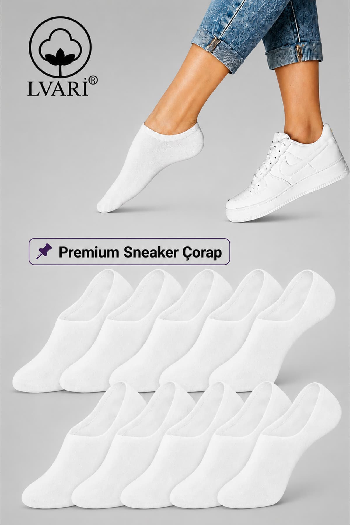 Lvari 10'lu Unisex Pamuklu Beyaz Görünmez Sneaker Çorap - Kadın Erkek Terletmez Kaymaz Topuk