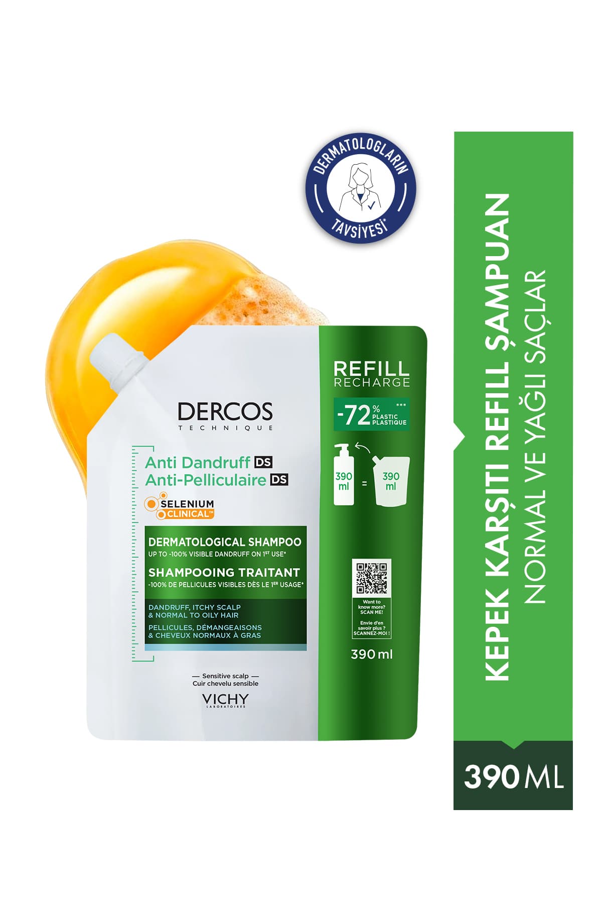 Vichy Dercos Kepek Karşıtı Normal ve Yağlı Saçlar İçin Kepeğe Karşı Etkili Bakım Şampuanı Refill 390 ml