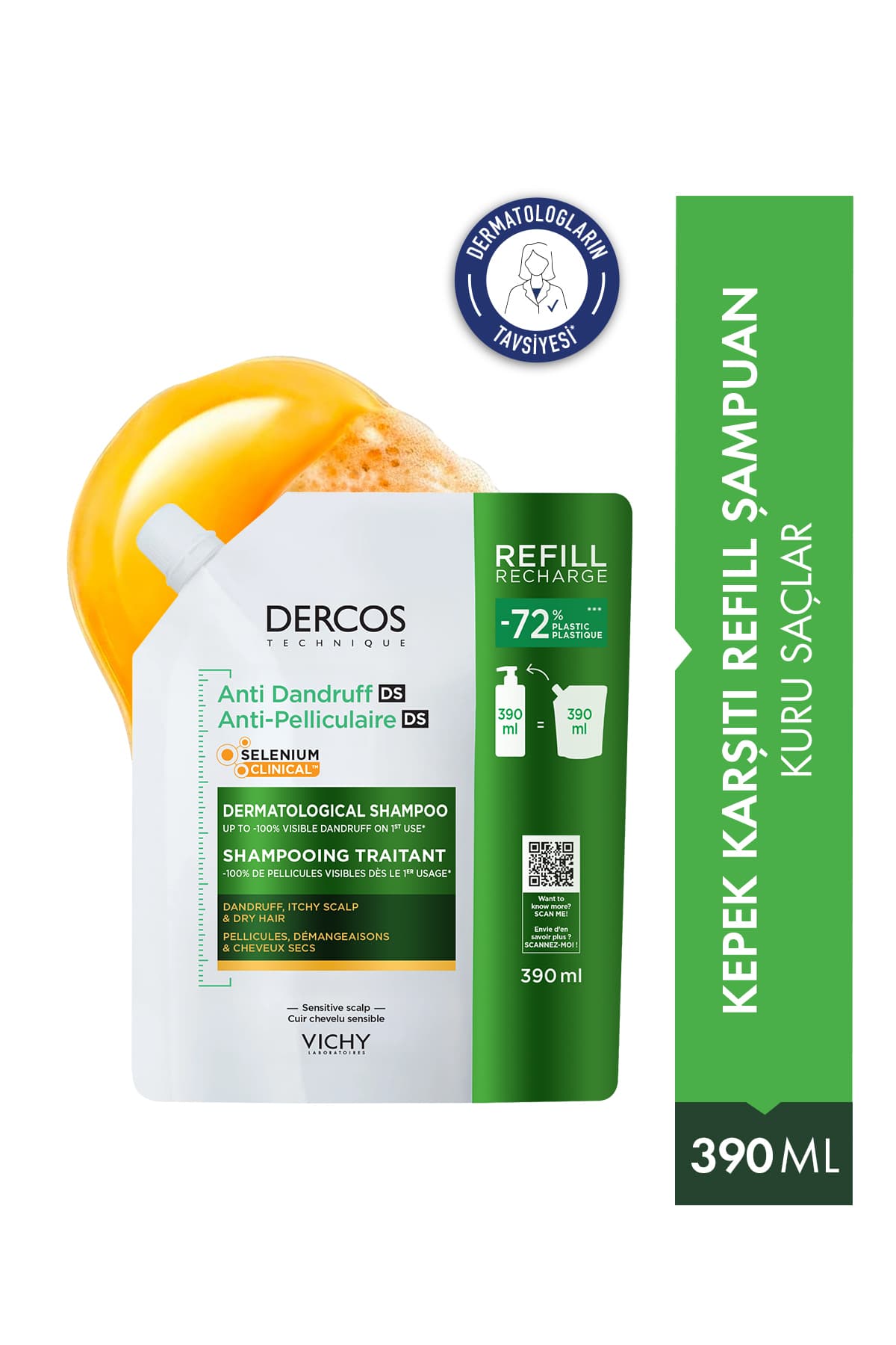 Vichy Dercos Anti Dandruff Kuru Saçlar İçin Kepeklenmeye Karşı Etkili Saç Bakım Şampuanı Refill 390 ml