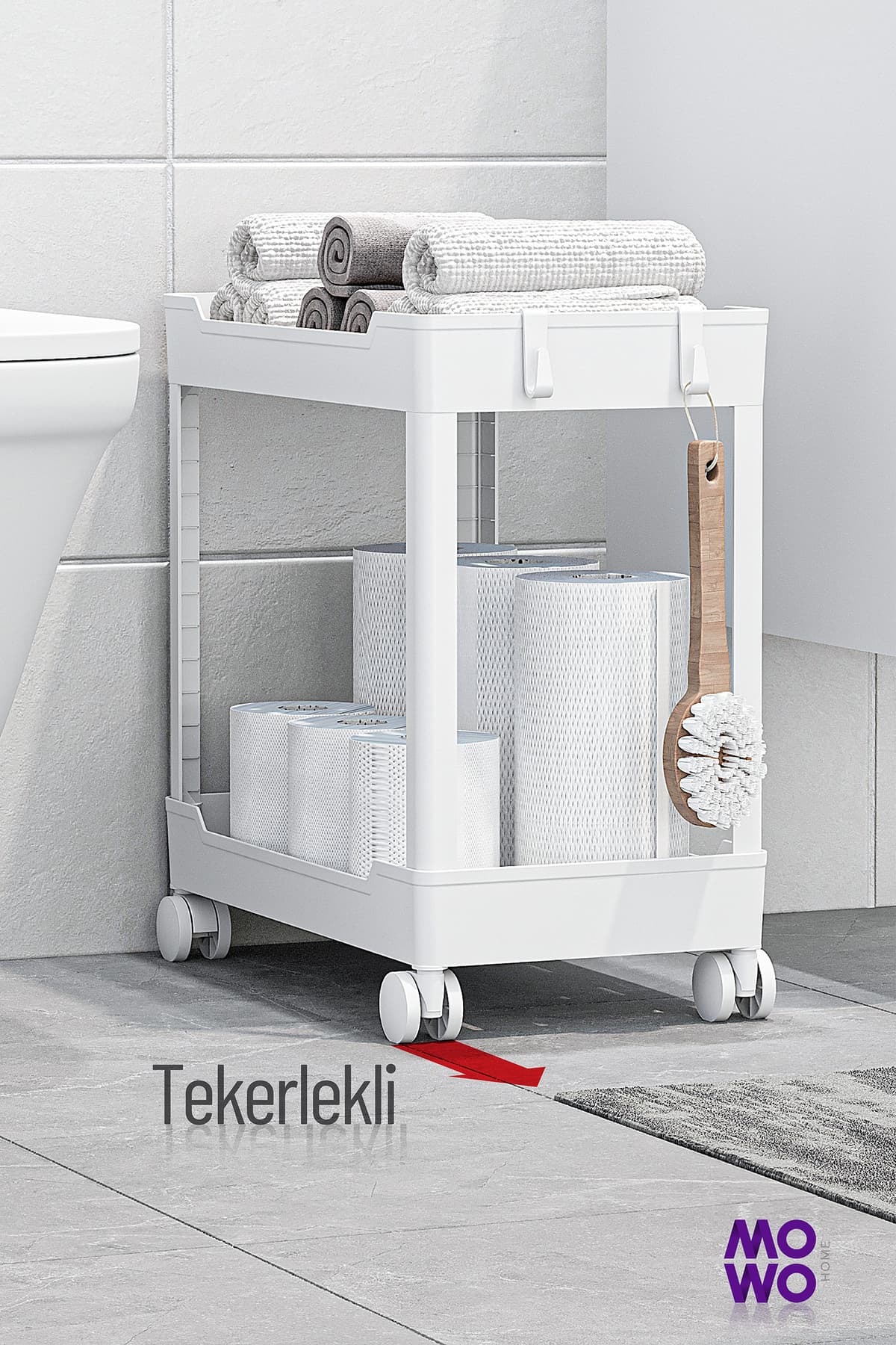Mowo Home Mowo 2 Katlı Tekerlekli Banyo Rafı, Tuvalet Kağıtlık, Havluluk, Deterjanlık Makyaj Organizer