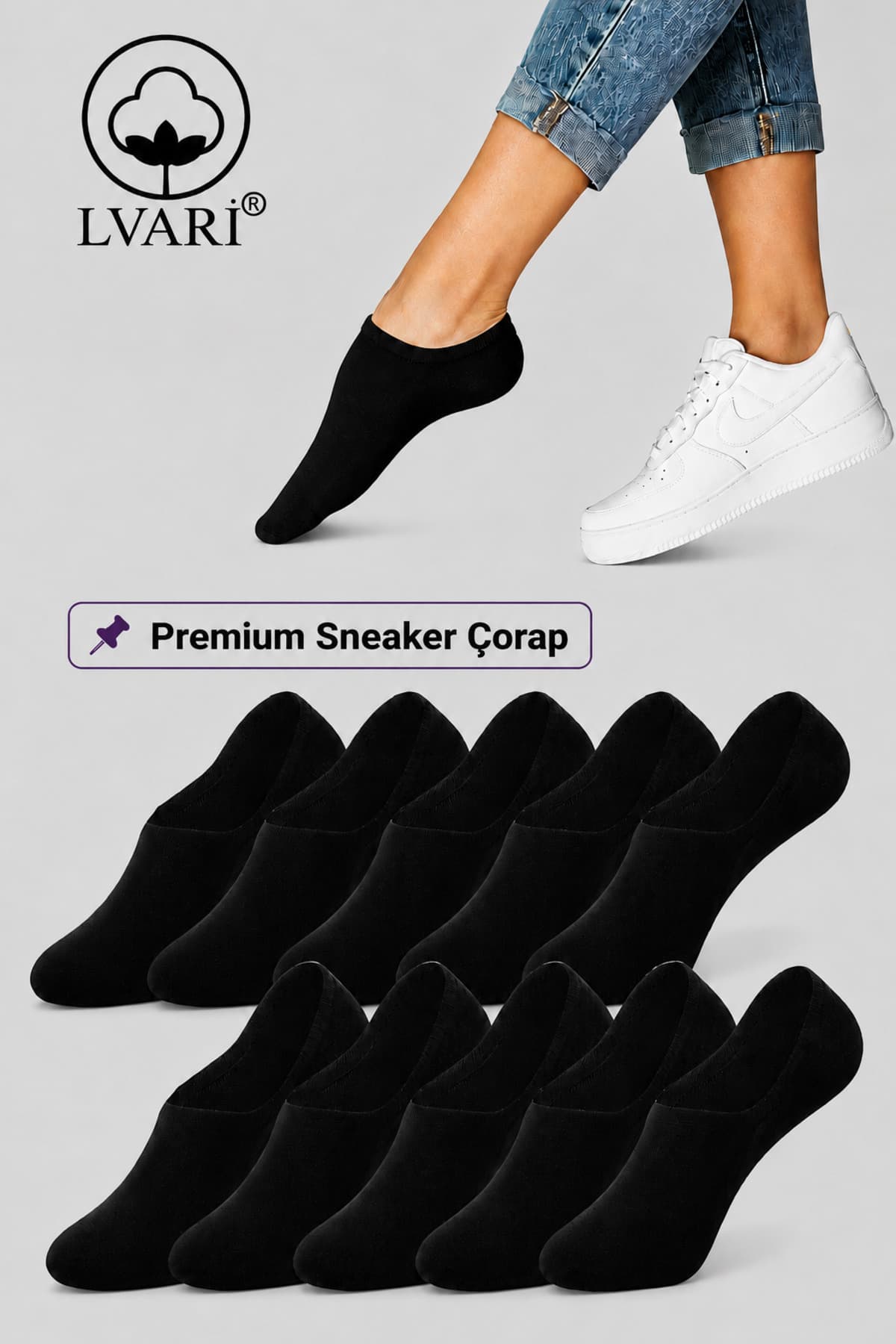 Lvari 10'lu Unisex Pamuklu Siyah Görünmez Sneaker Çorap - Kadın Erkek Terletmez Kaymaz Topuk