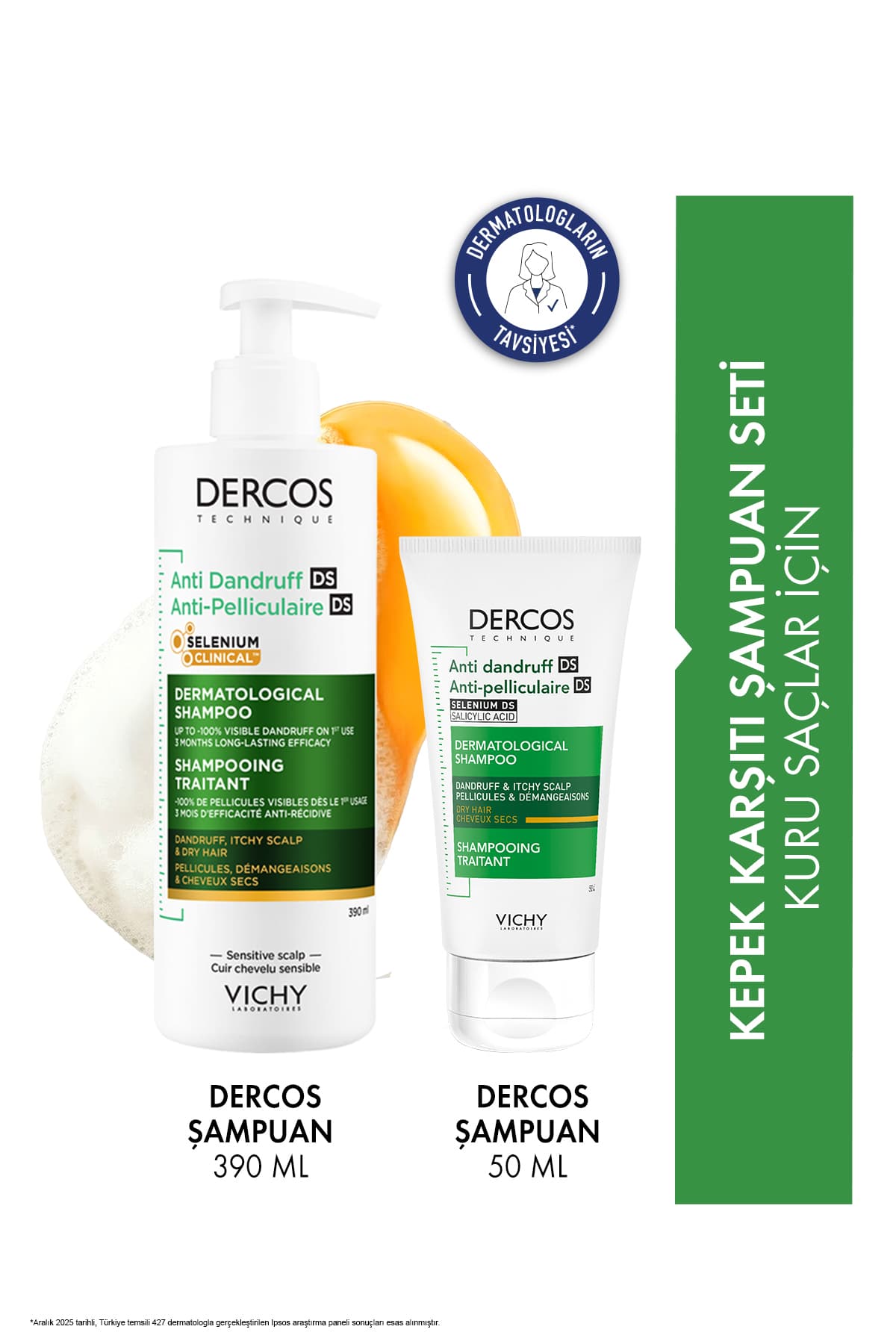 Vichy Dercos Kuru Saçlar İçin Kepek Karşıtı Şampuan Seti: Anti Dandruff Şampuan 390 ml & Şampuan 50 ml