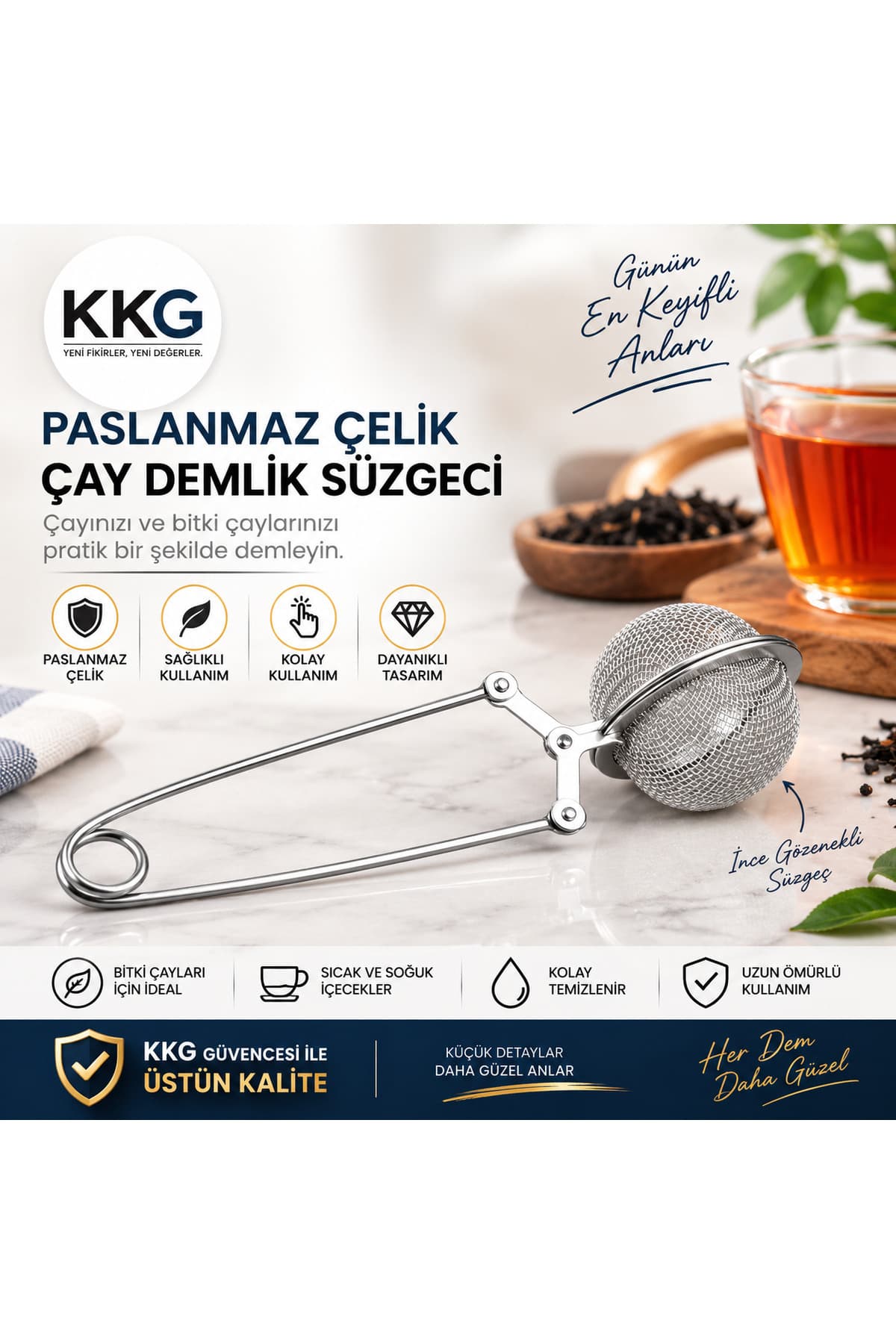 KitchenSoft Paslanmaz Çelik Bitki Çayı Demleme Süzgeci Maşalı Çay Süzgeci