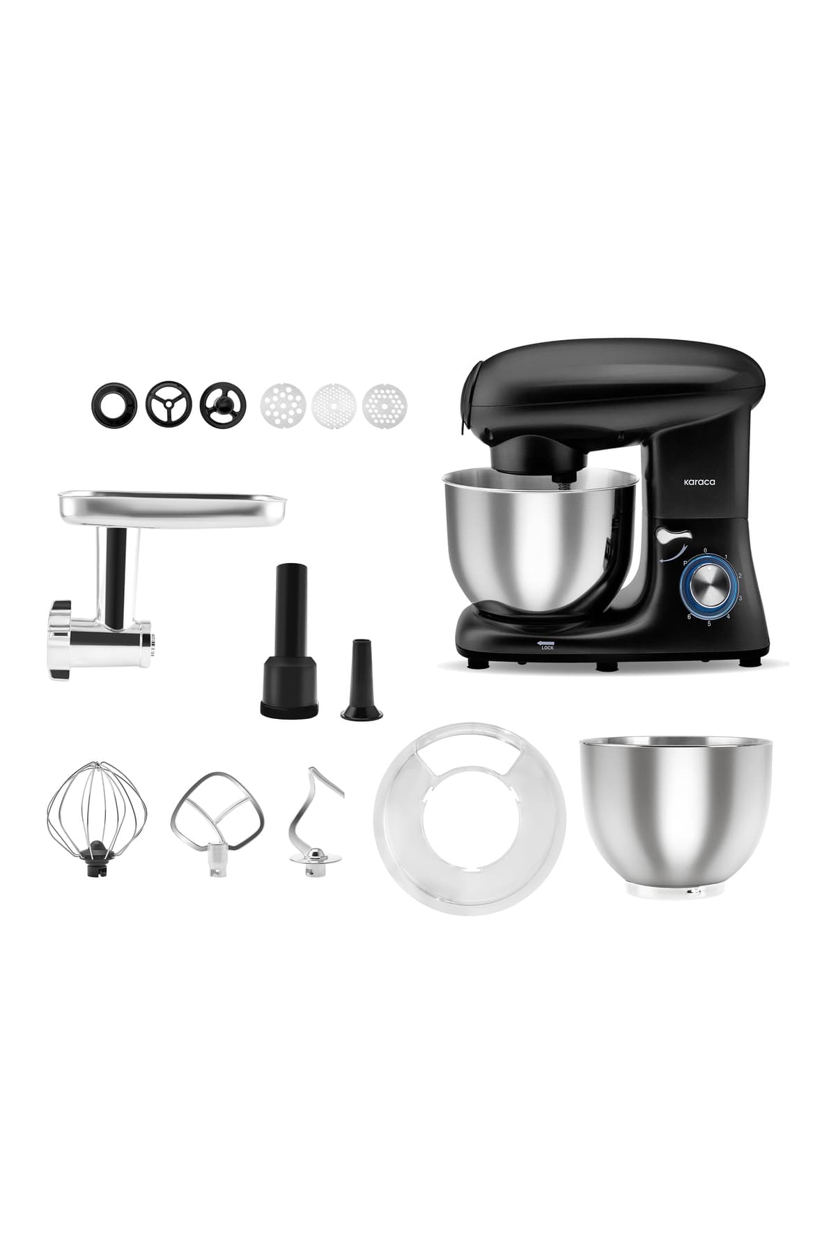 Karaca Multichef Stand Mikser Shinyblack Mutfak Şefi 5,5L Kıyma Çekme/Sucuk-Sosis/İçli Köfte Aparatlı