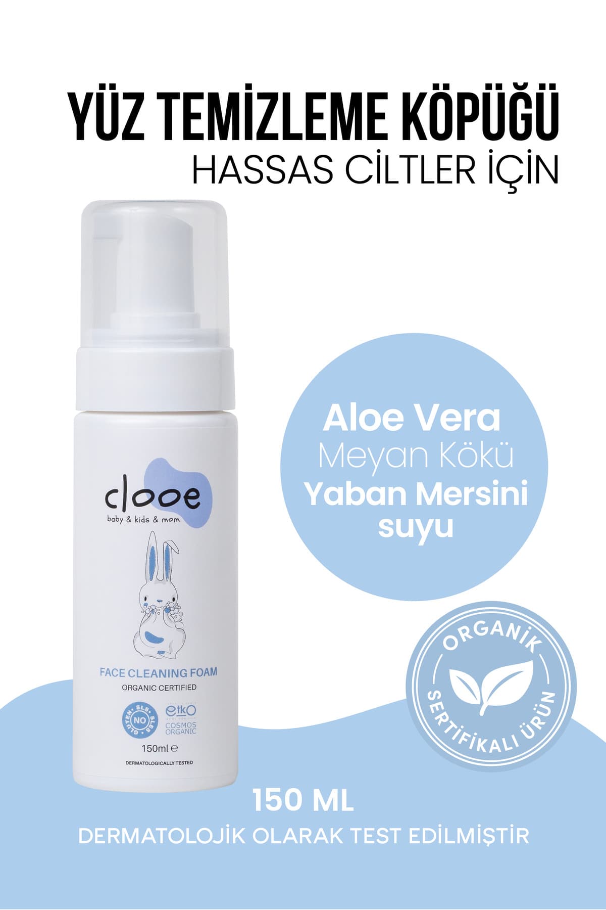 clooe Yüz Temizleme Köpüğü 150 ml - Aloe Vera & Meyan Kökü Özlü - Hassas Ciltler İçin - Doğal İçerikli - Organik - Vegan
