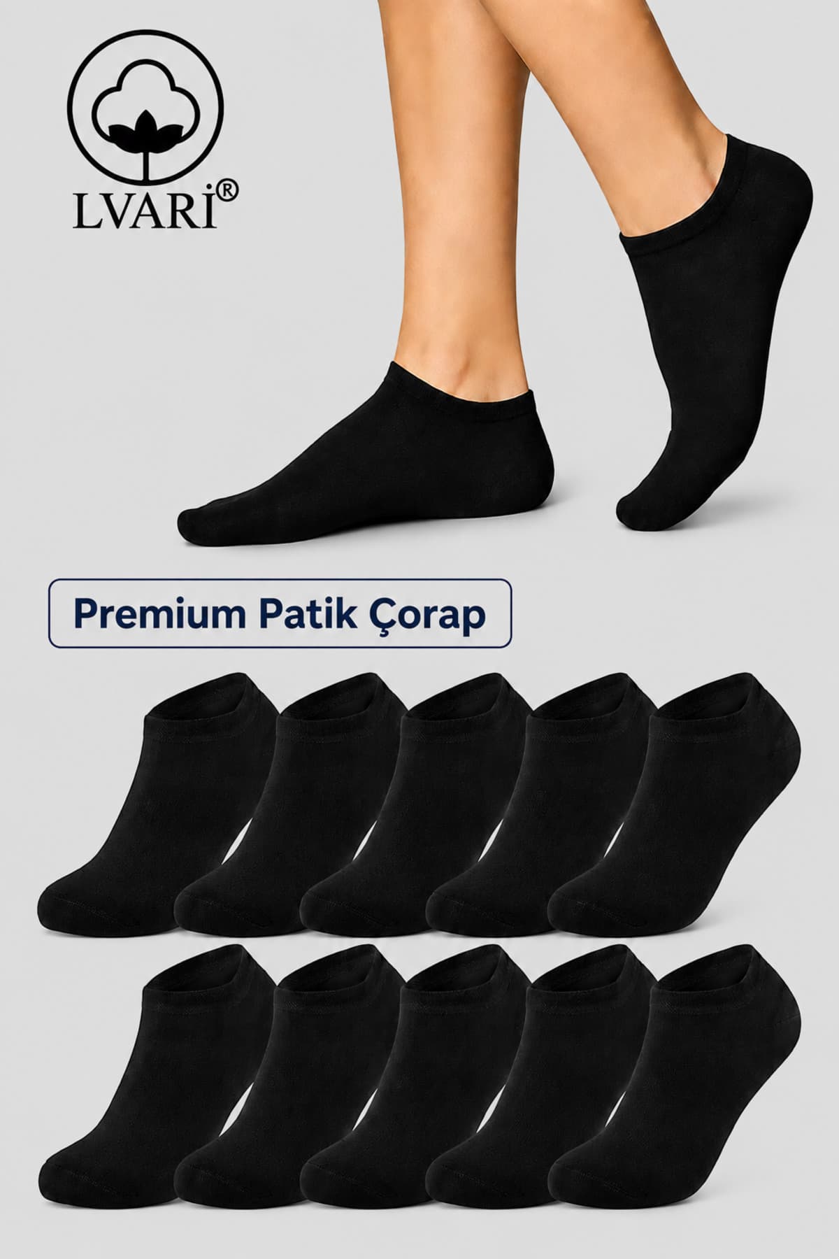 Lvari 10'lu Unisex Pamuklu Siyah Patik Çorap - Kadın Erkek Terletmez Kaymaz Topuk