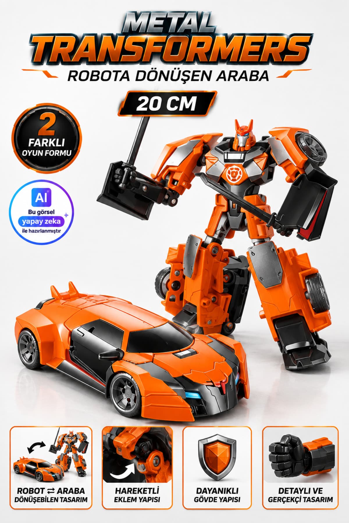 TRENDZONE Oyuncak Metal Gövdeli Robota Dönüşen Transformers Araba 20 cm Turuncu