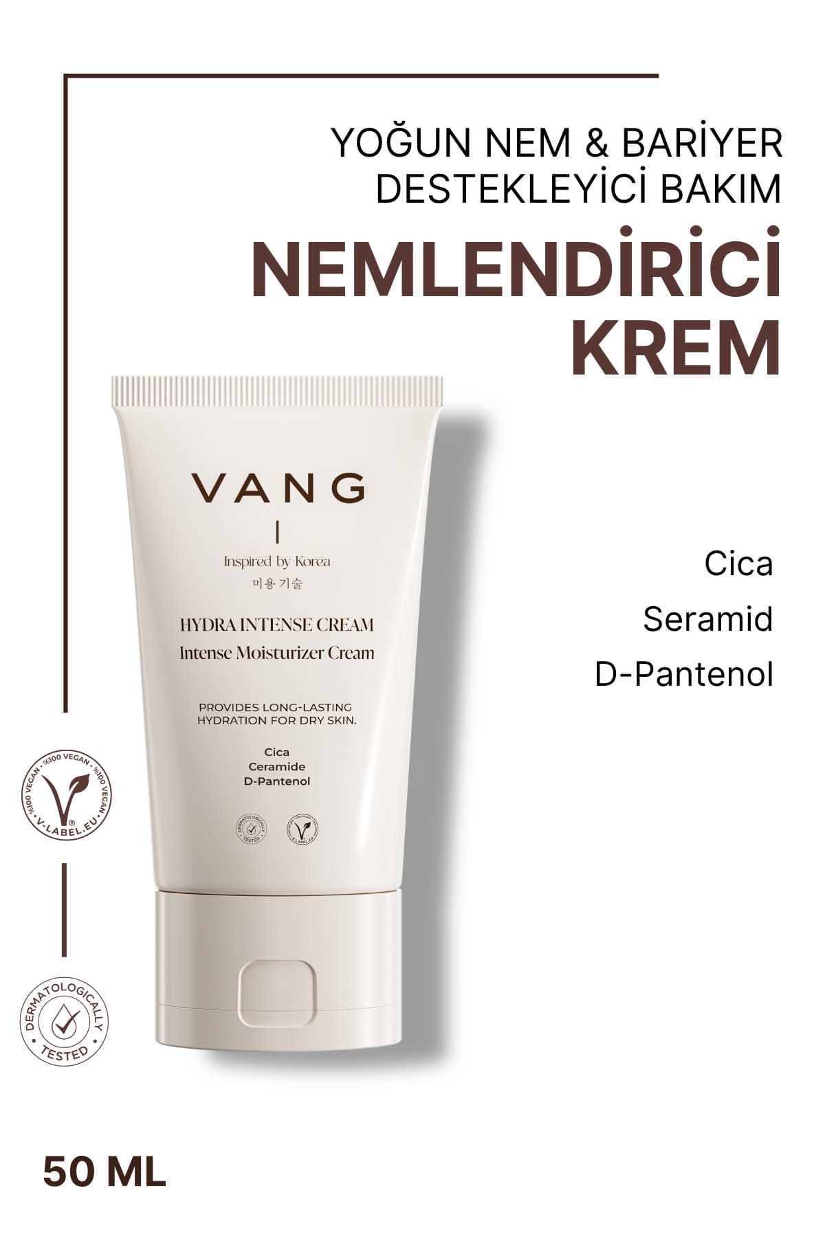 VANG Su Bazlı Nemlendirici Yüz Kremi, Kuru Ciltler İçin Yoğun Nemlendirici & Bariyer Destekleyici, Hyaluronik Asit, Ceramide, Cica 50 ml