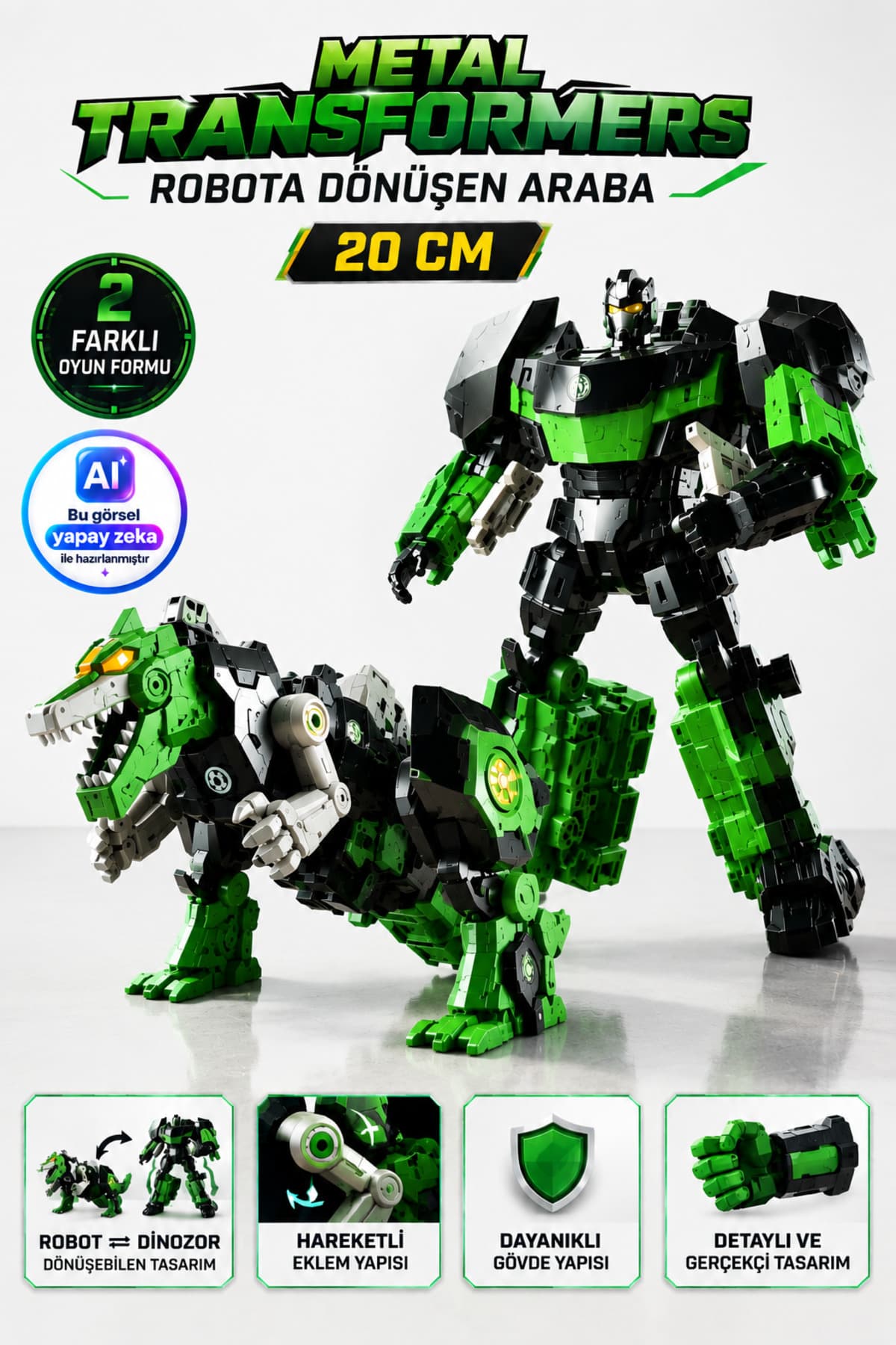 TRENDZONE Oyuncak Metal Gövdeli Robota Dönüşen Transformers Araba 20 cm Yeşil