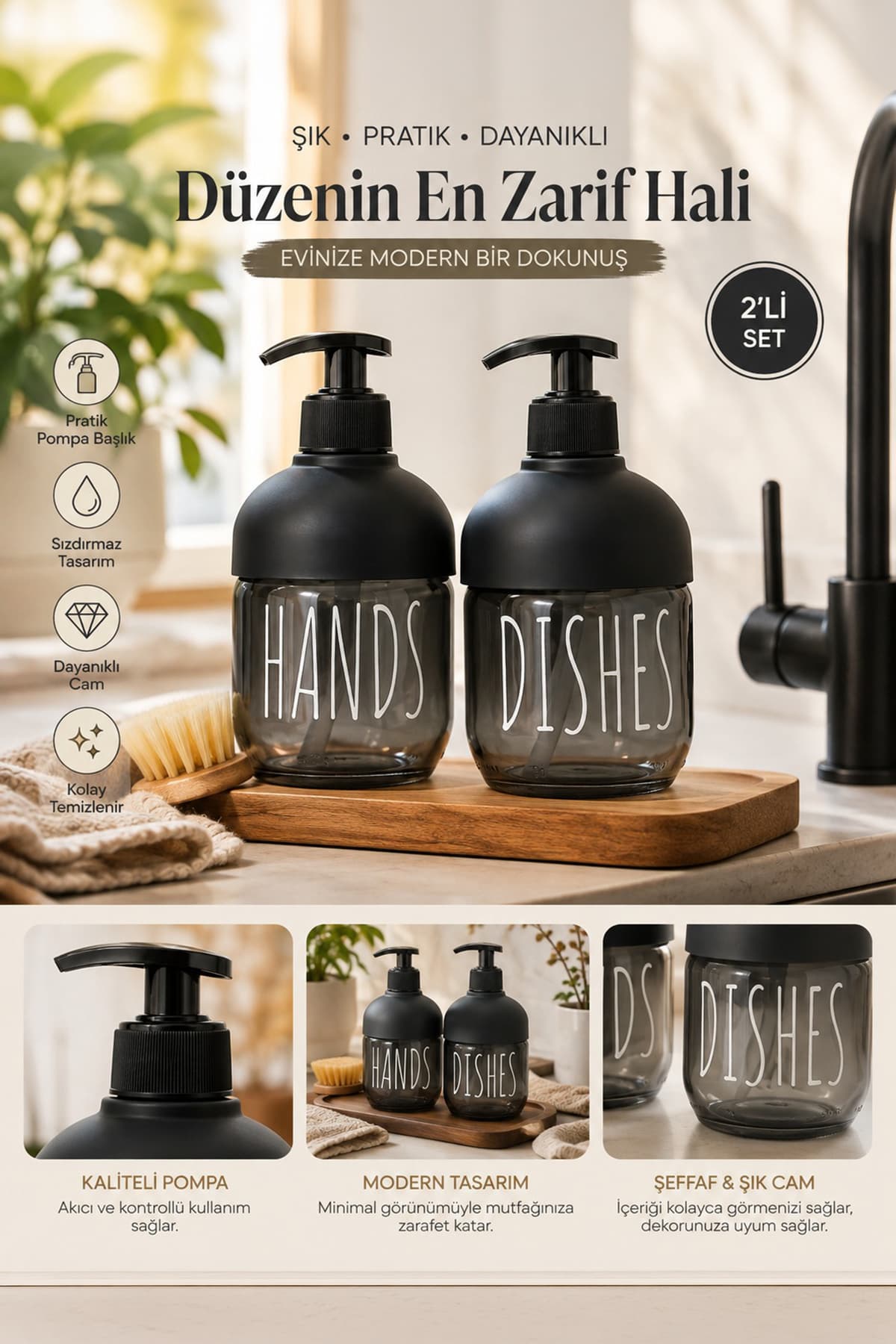 Porsima C-527 2'li Cool Sıvı Sabunluk Seti - Mutfak-Banyo Tezgah Üstü Temizlik Seti - Siyah Cam 425 mL