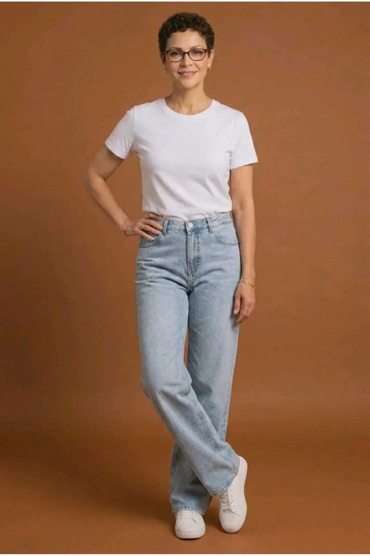 mooishan Mavi Wide Leg Kar Yıkama Kadın Salaş Jeans Pantolon, Palazzo Kadın Kar Yıkama Jean Pantolon