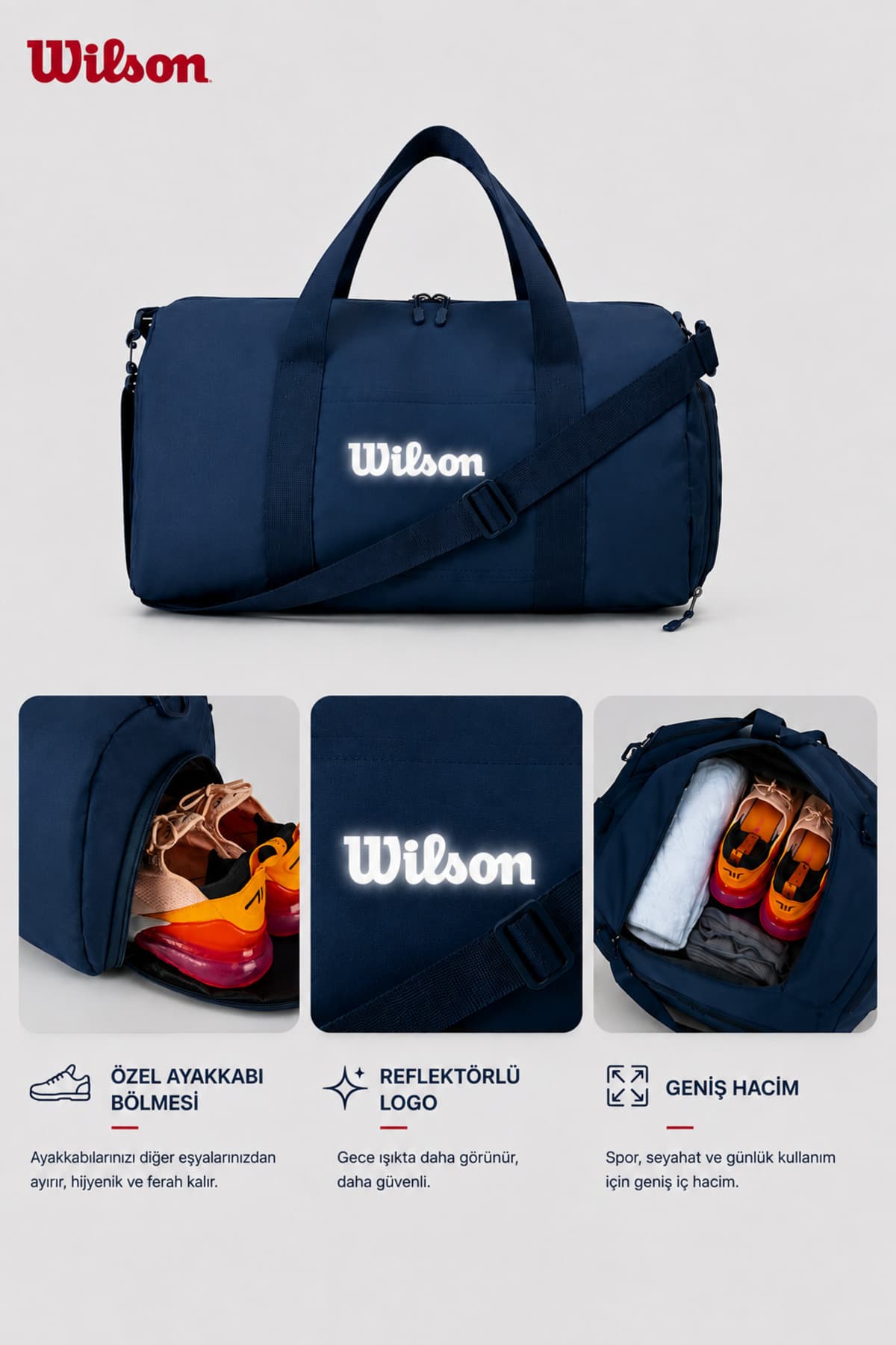 Wilson Lisanslı Unisex Ayakkabılık Bölmeli Su Geçirmez Lacivert 25 Litre Erkek Kadın Genç Ve Yetişkinler İçin Gym Spor F