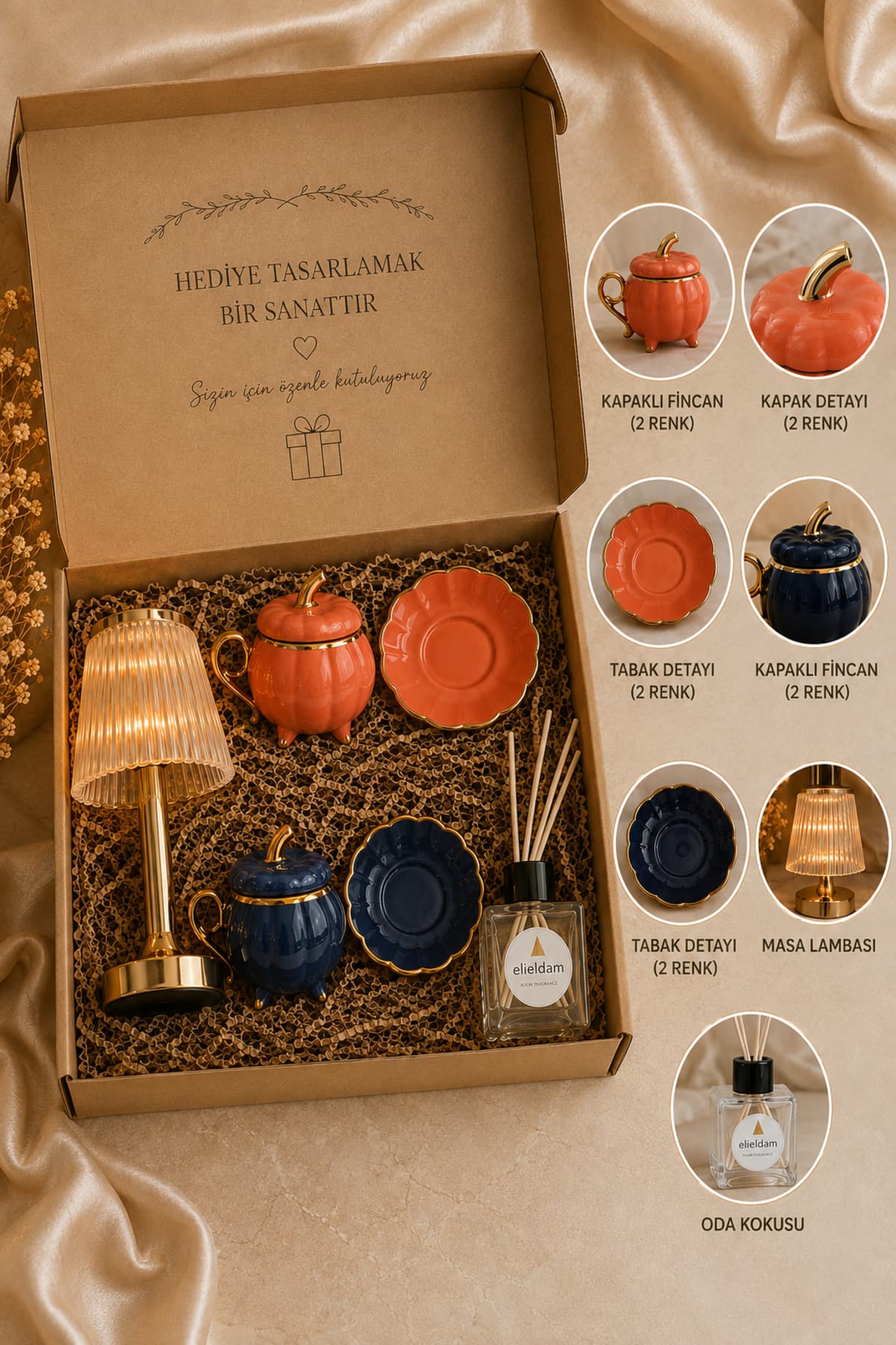 elieldam Doğum Günü, Yeni Ev, Özel Gün, Yeni İş Hediyesi Şarjlı Dokunmatik Kristal Gold Masa Lambası & Kahve Fincan Takımı & Oda kokusu Hediye Seti