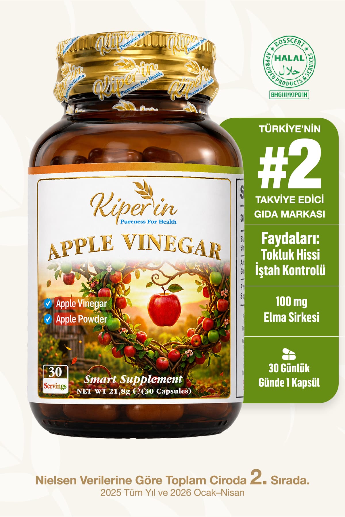 Kiperin Apple Cider Vinegar | Elma Sirkesi | Açlık Kontrol ve Sindirim Destek Takviyesi | 30 Kapsül(500mg)