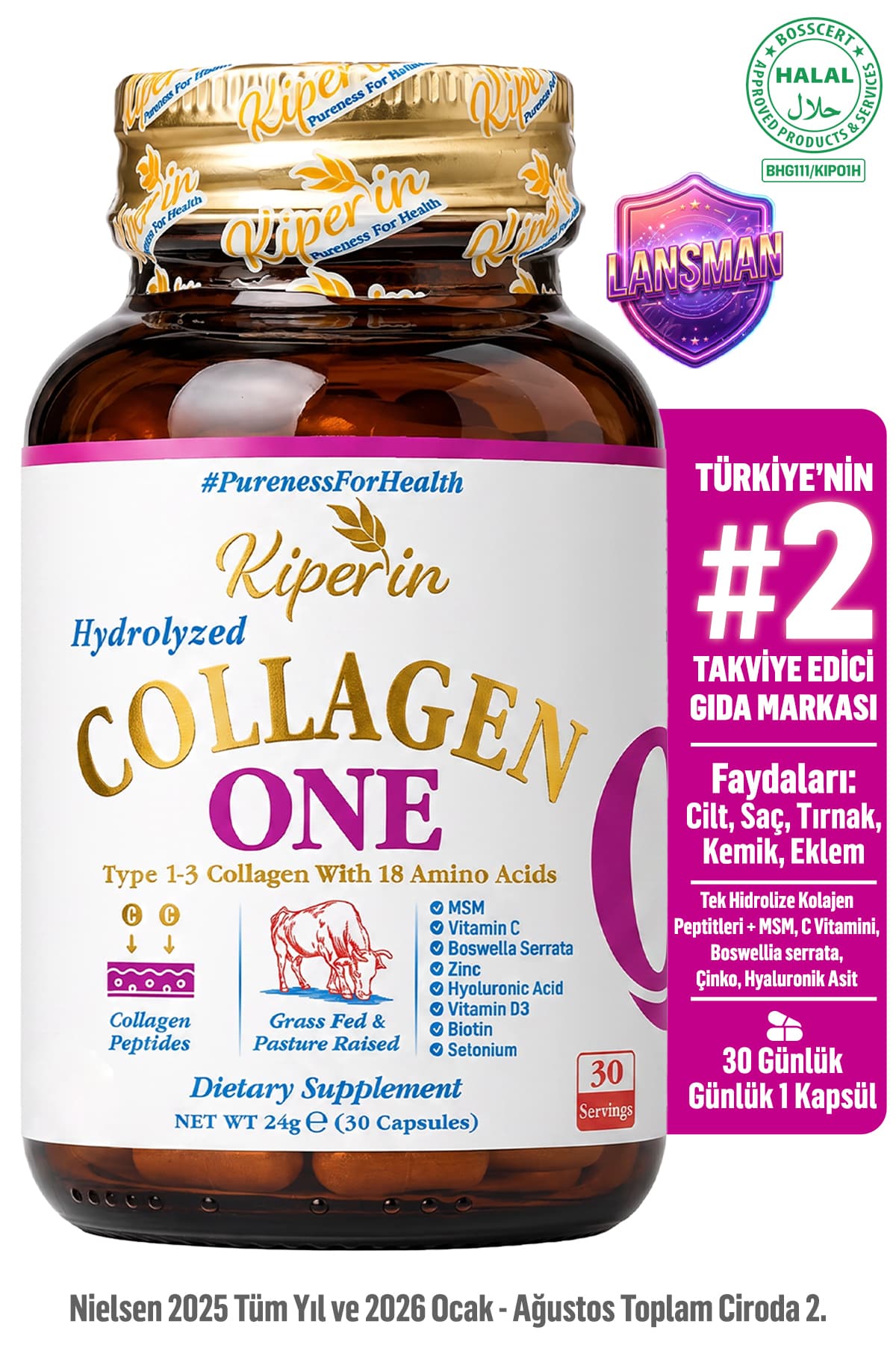 Kiperin One | Tek Hidrolize Kolajen Peptitler | Msm, Biotin, Hyaluronik Asit, Selenyum, Vitamin D | 30Kapsül