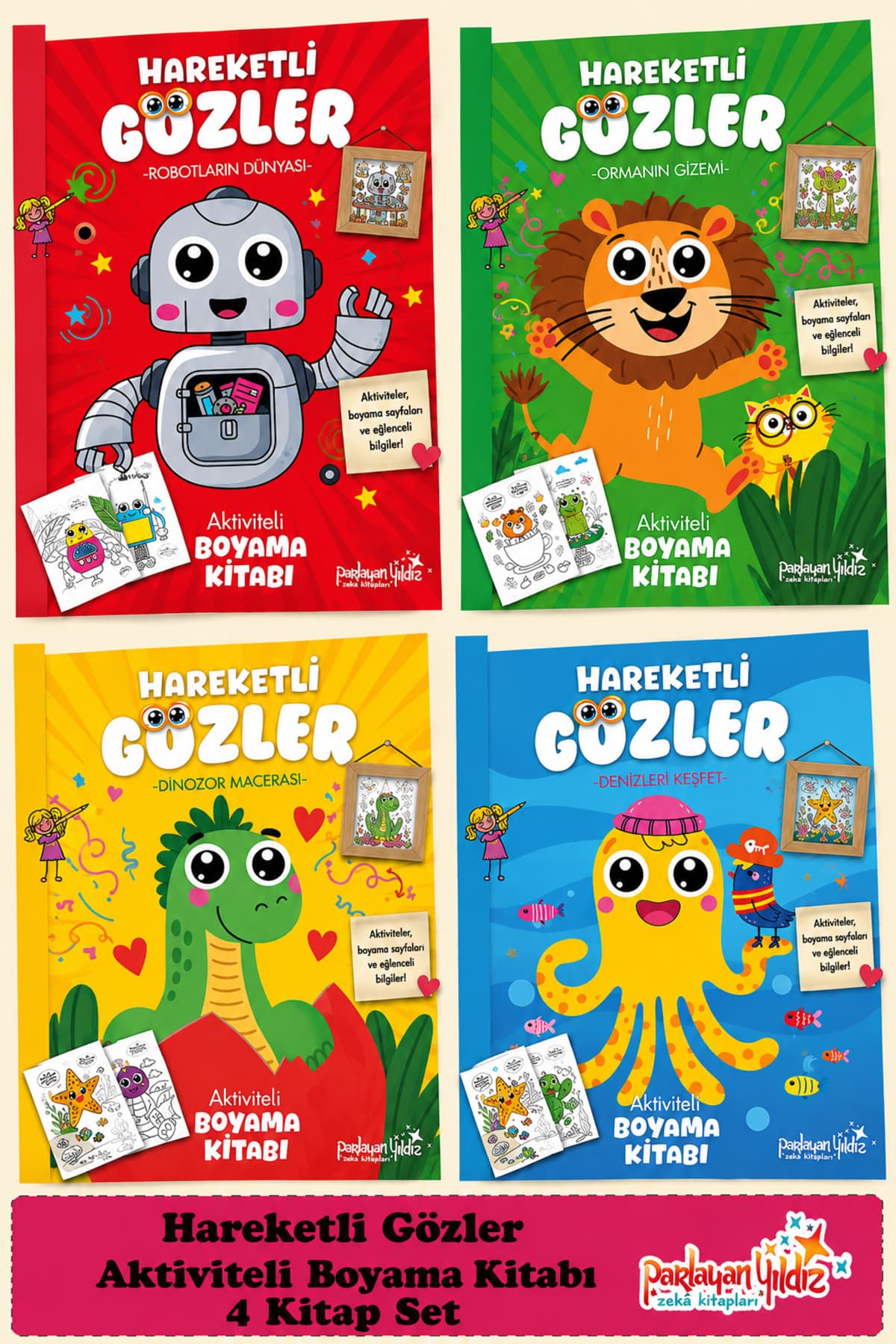 Parlayan Yıldız HAREKETLİ GÖZLER Aktiviteli Boyama Kitabı 4 Kitap Set
